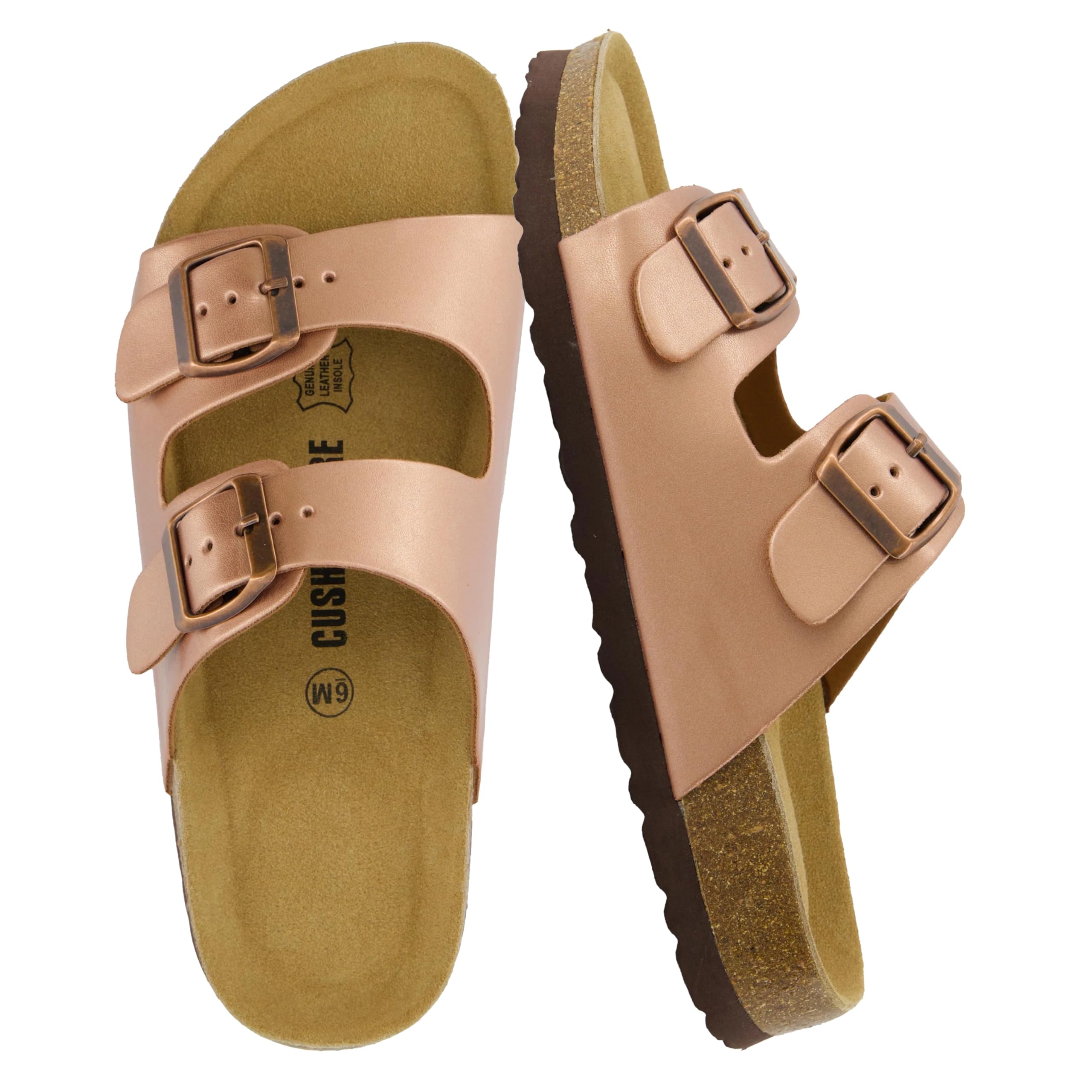 Photo 1 of CUSHIONAIRE Lane Cork Footbed Sandals for Women – Comfortable Double Buckle Slip-On with Genuine Suede Footbed & Arch Support Slides for Women Footwear, GOLD 11