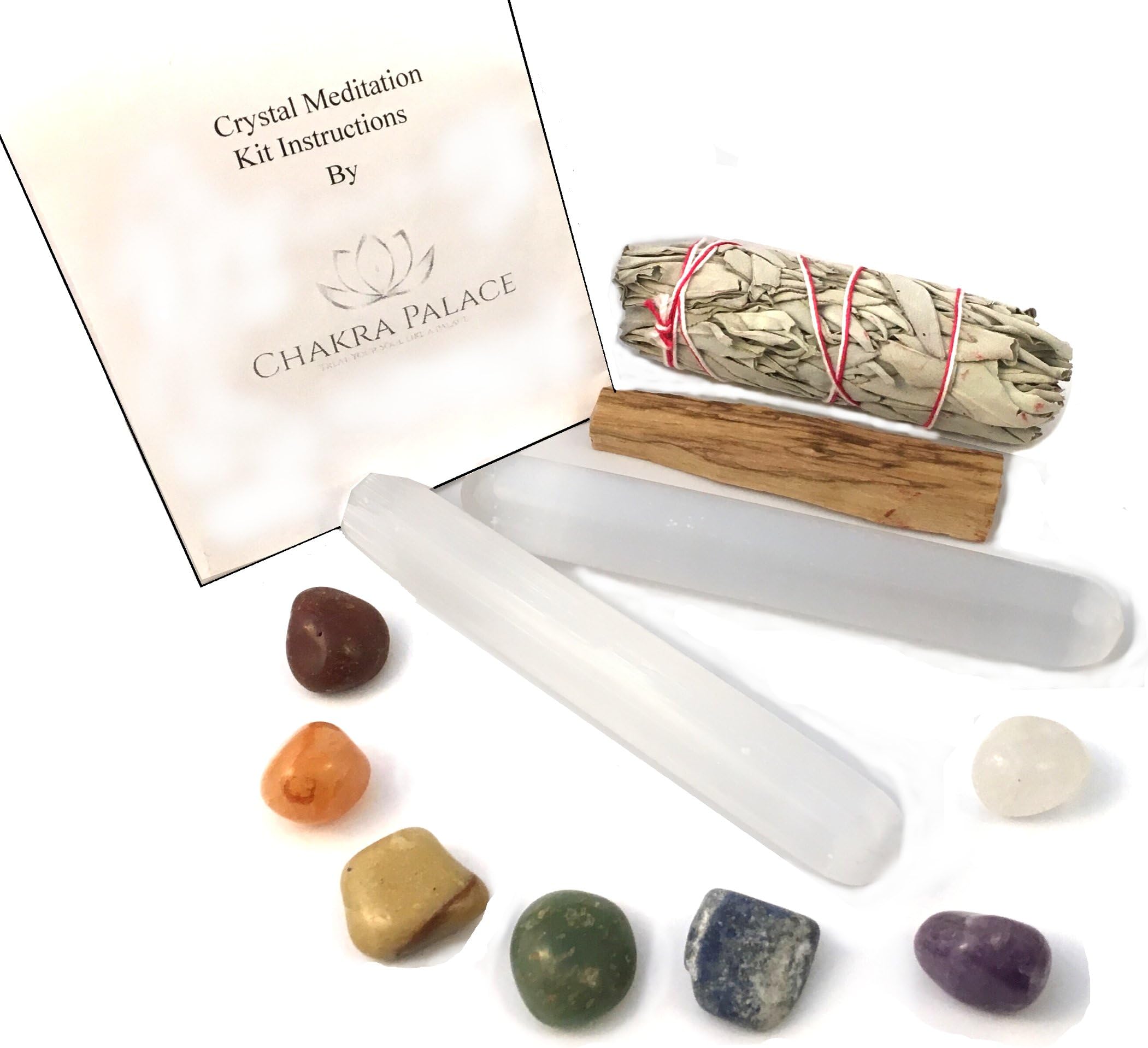 2 Selenite Wands 11 Piece Crystal Healing Meditation Kit with 7 Tumbled Chakra Stones, Sage, Palo Santo and Printed Instructions