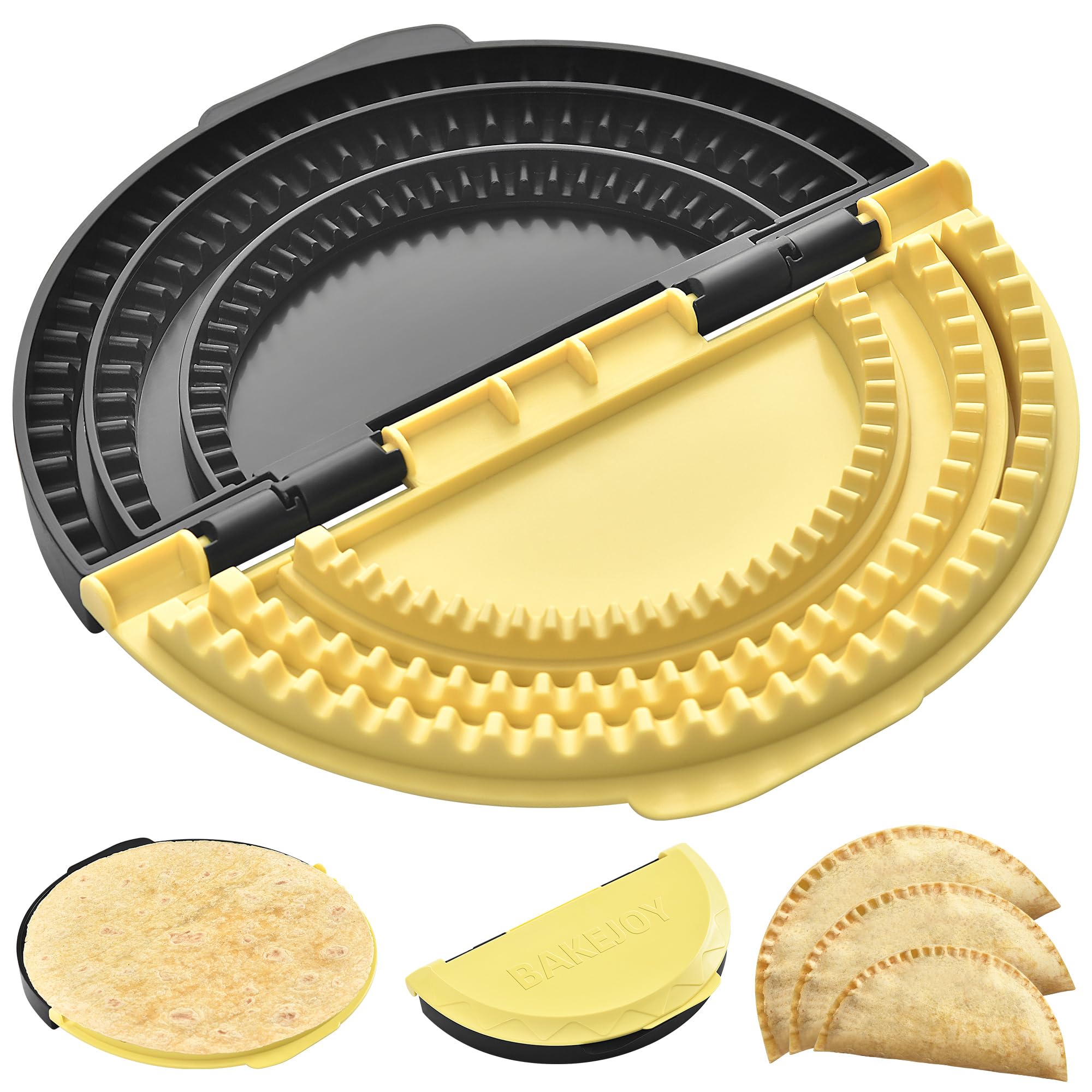 BAKEJOY Tortilla Sealer & Tortilla Crimper – Detachable 4-6-8 Inch Multi-Size Quesadilla Maker for Burritos, Pies, Tortillas, Dumplings, Sandwiches – Food-Grade PP, Yellow & Dark
