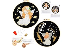 ARMINDOU Christmas Angel Embroidery Starter Kit for Beginners Adults, Christmas Stamped Cross Stitch Kit for Adult Beginners, Hand Embroidery Needlepoint Kits, 2 Set Embroidery Hoops (Attached Video Tutorial)