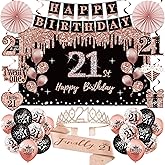 21st Birthday Decorations for Her, 33pcs 21 Crown and Sash, Black Rose Gold Happy 21st Birthday Banner Balloons Backdrop Hanging Swirls Paper Fans, 21 Years Old Party Decorations Kit