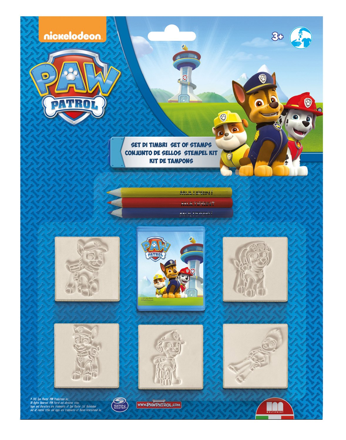 Multiprint Blister 5 Stamps for Kids Paw Patrol, 100% Made in Italy, Personalized Stamps for Children, in Wood and Natural Rubber, Non-toxic Washable Ink, Gift Idea, art.05903