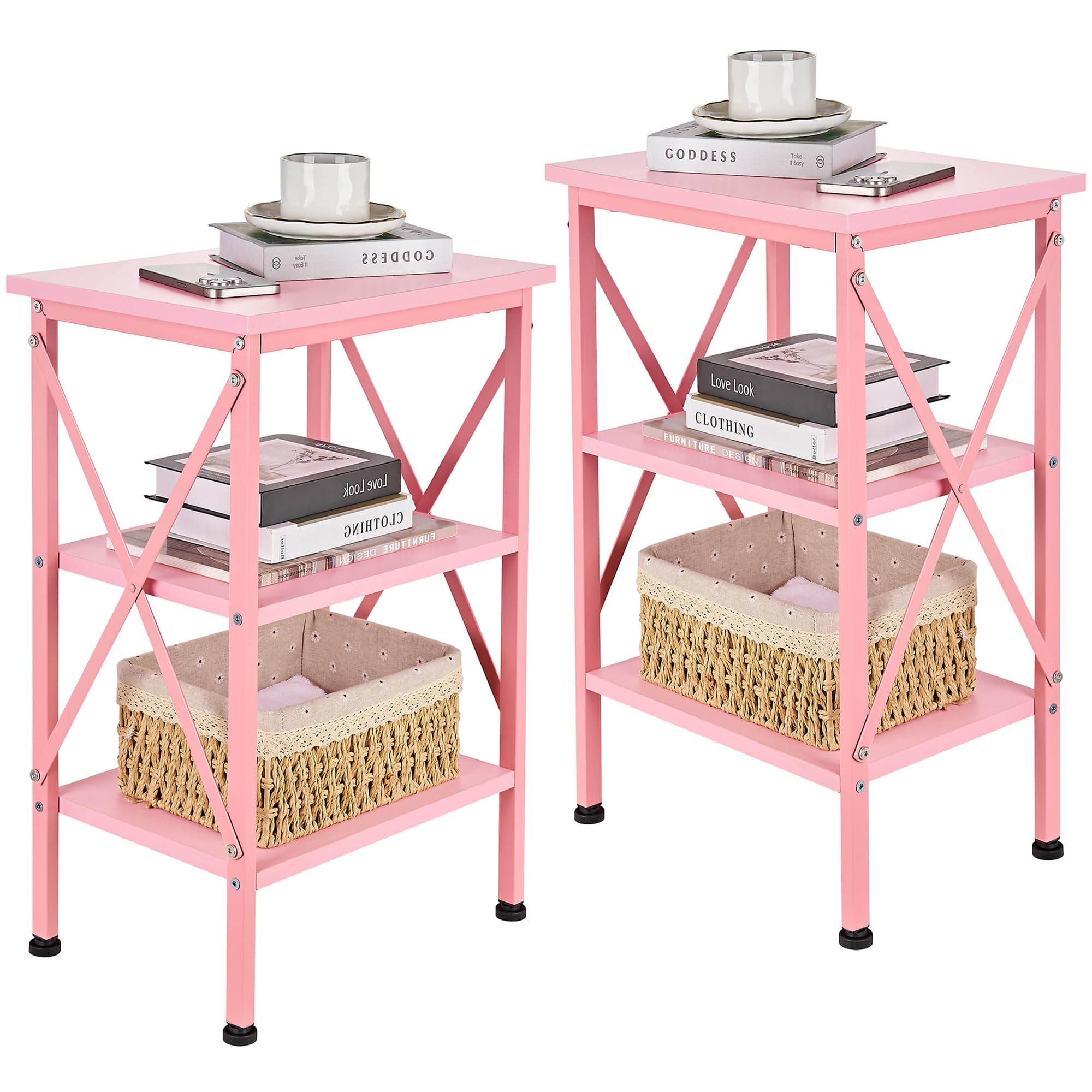 VECELO End Table Set of 2, Bedside Table, 24" Tall Living Room End Tables, X-Design Reinforced Nightstands, Side Table with 3-Tier Storage Shelves for Small Spaces, Office, Bedroom, Pink Image VECELO End Table Set of 2, Bedside Table, 24" Tall Living Room End Tables, X-Design Reinforced Nightstands, Side Table with 3-Tier Storage Shelves for Small Spaces, Office, Bedroom, Pink Image