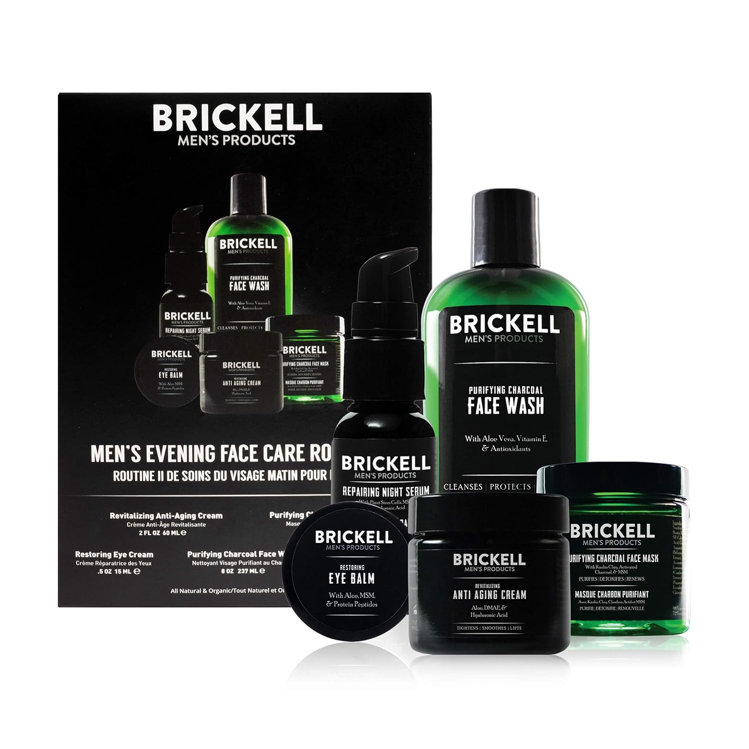 Brickell Men's Evening Face Care Routine II, Purifying Charcoal Face Wash, Detoxifying Charcoal Mask, Eye Cream, Anti-Aging Night Cream and Repairing Serum, Natural and Organic, Unscented