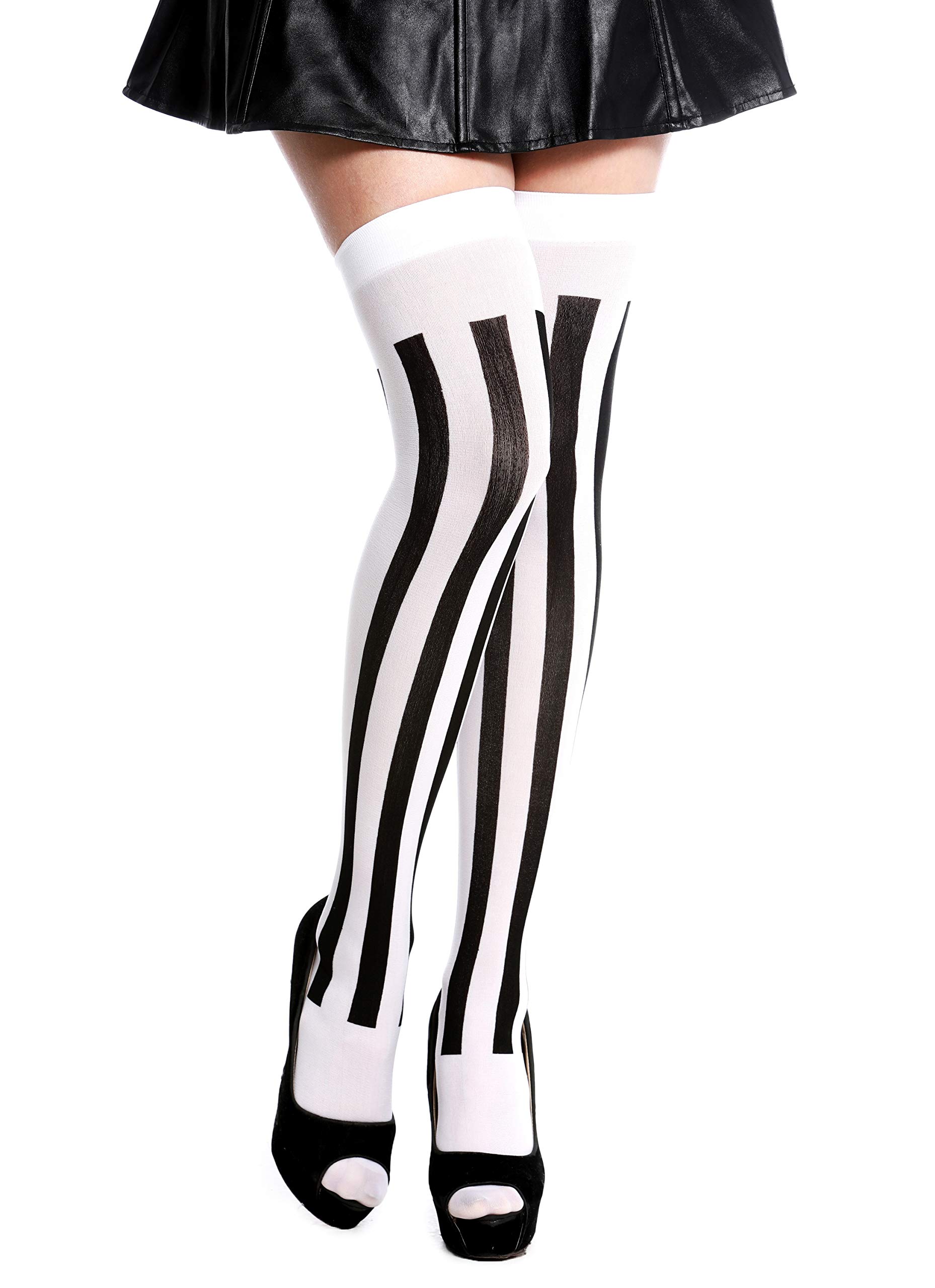 dressmeup - K0811-black&white stockings women's stockings over-knees Halloween carnival vertical stripes black white