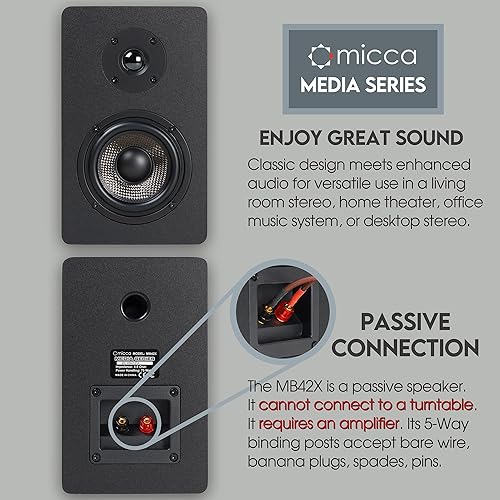 Micca MB42X Advanced Bookshelf Speakers for Home Theater Surround Sound,  Stereo, and Passive Near Field Monito
