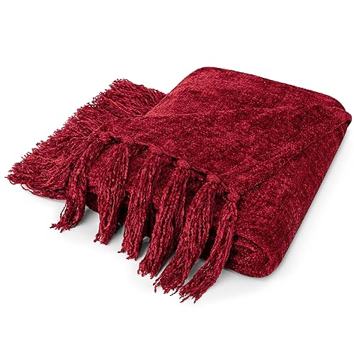 PAVILIA Burgundy Red Chenille Throw Blanket for Couch Sofa, Soft