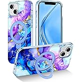 Shecaset for iPhone 13 & iPhone 14 Case, [Compatible with MagSafe] [Magnetic Invisible Ring Stand], Shockproof Protective Slim Women Girl Case for Apple iPhone 13/14 6.1 inch, Blue Violet Marble