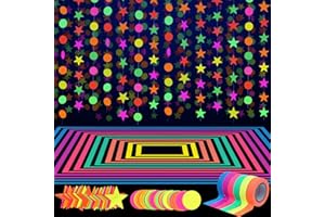 WILLBOND 127ft Glow Neon Party Supplies Set, 6 Colors UV Blacklight Reactive Tape, Neon Paper Garlands Circle Dots Stars Hanging Decorations for Birthday Wedding Glow Party Decorations