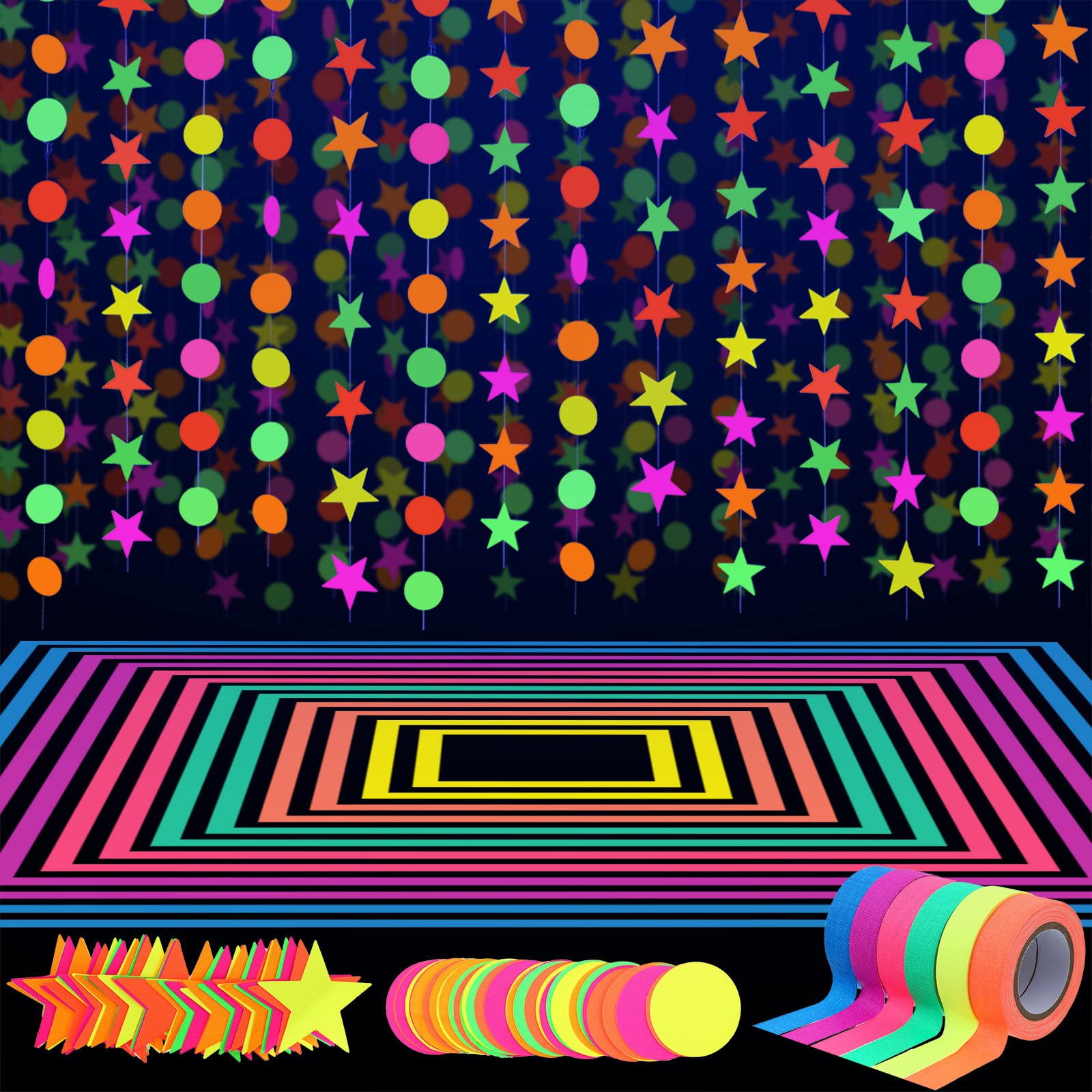 Photo 1 of WILLBOND 127ft Neon Party Supplies Set, 6 Colors UV Blacklight Reactive Tape, Neon Paper Garlands Circle Dots Stars Hanging Decorations for Birthday Wedding Glow Party Decorations