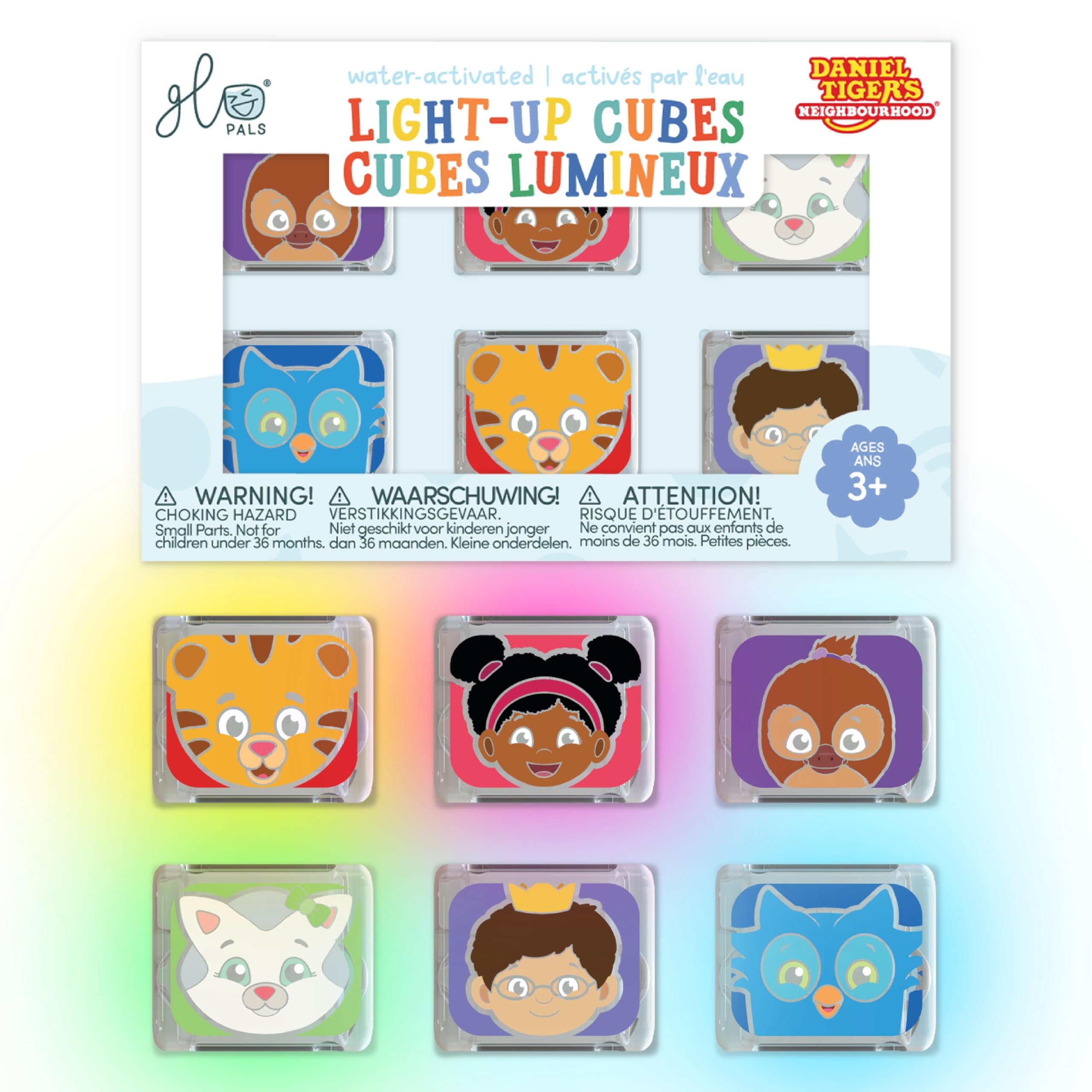 Glo Pals Water-Activated Light-Up Cubes for Bathtime and Sensory Play - Includes 6 Reusable Light-Up - Sensory Toys and Glowing Bath Cubes for Kids and Toddlers - Daniel Tiger
