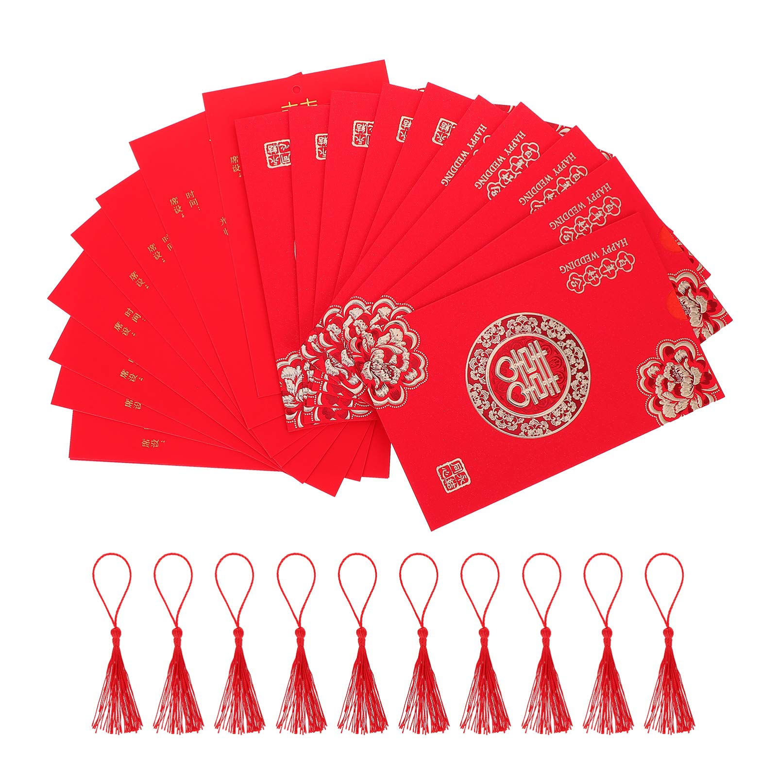 Amosfun 10pcs Chinese Wedding Invitation Cards Chinese Traditional Wedding Cards with Envelopes and Tassel Red Pocket for Wedding Party Supplies