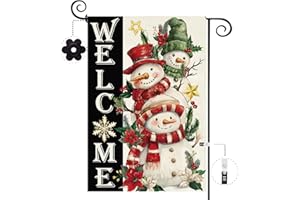 Baccessor Christmas Cute Snowmans Garden Flag Burlap 12.5x18 Inch Double Sided Winter Holly Red Berries Snowflake Welcome Small Flag Seasonal Holiday Yard Outdoor Outside Decoration