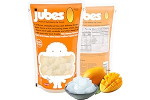 Jubes Mango Nata De Coco Jelly Cubes 12.7 oz - Mango Coconut Jelly Cubes for Sago - Coconut Gel in Syrup Toppings for Fruit Tea, Boba, Bubble Tea, Drinks, Desserts Yogurt, Ice Cream, Beverage