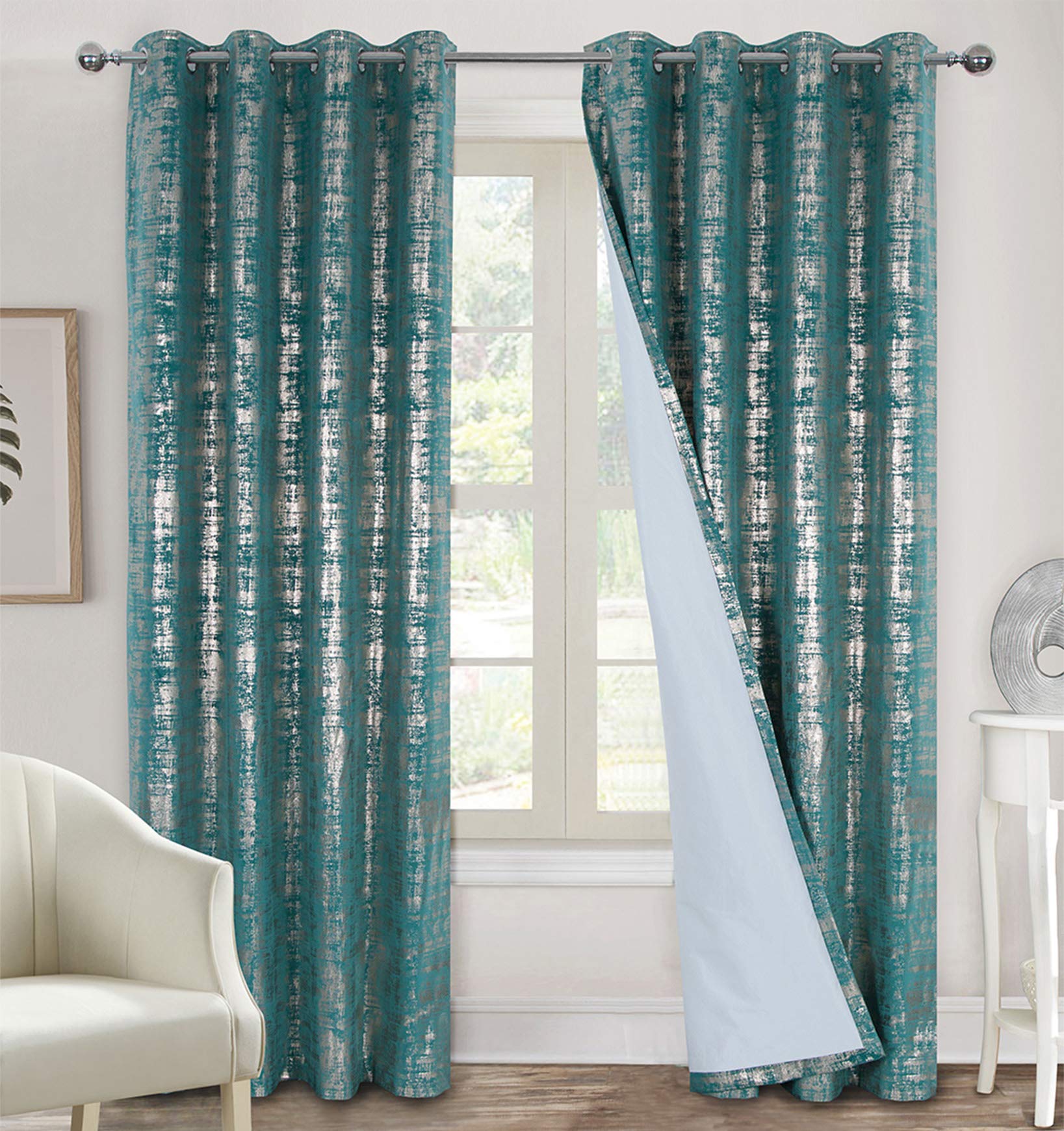 always4u Soft Velvet Curtains 100% Blackout for Window for Bedroom Thermal Gold Foil Printed Shining Luxury Window Treatment Drapes for Living Room 1 Pair Teal 66 * 54