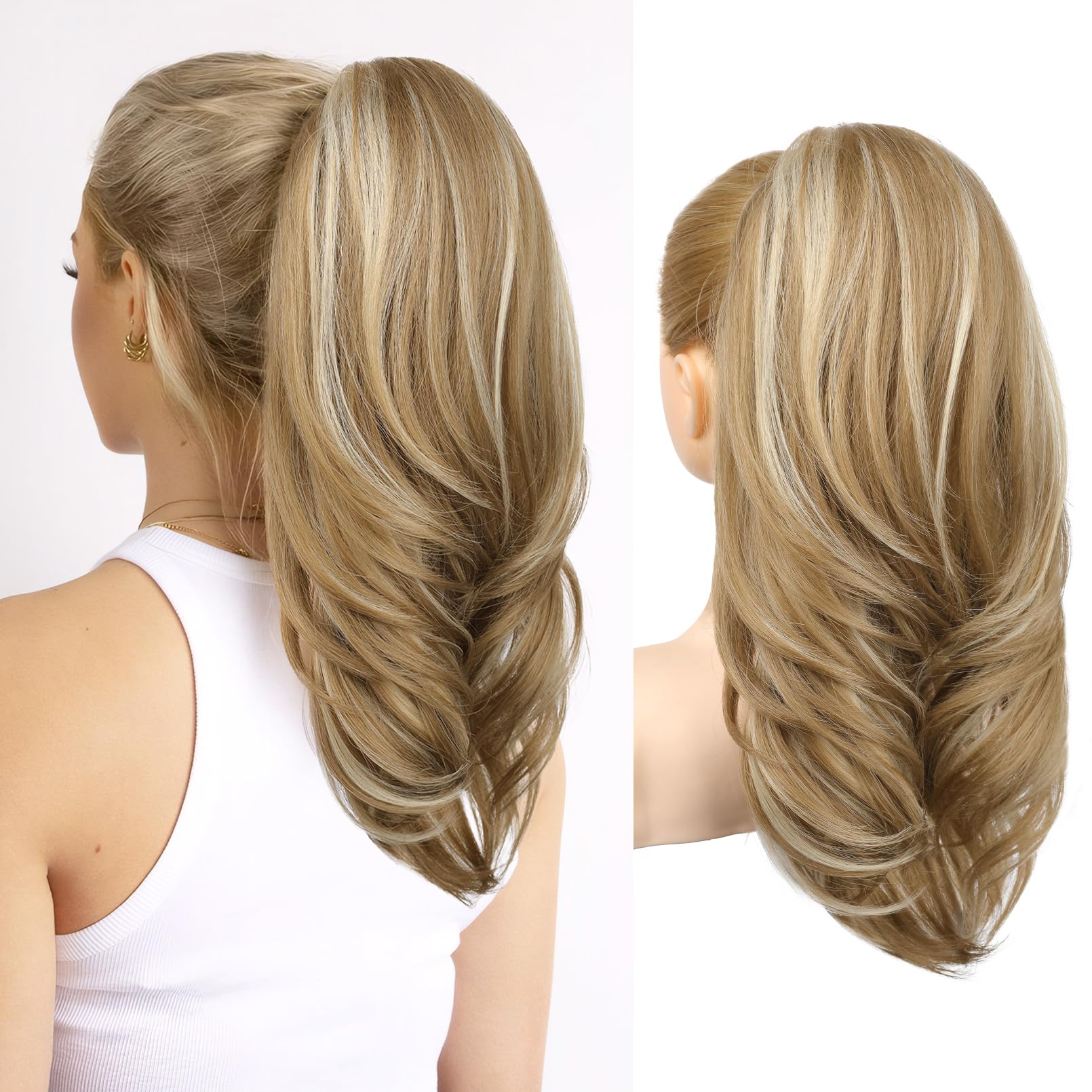 Photo 1 of SEIKEA Versatile Drawstring Ponytail Extension, 18" Long Wavy Multi Layered Clip in Ponytail Hair Extensions Stand Up High Fake Pony Tail Soft Natural Synthetic Hairpiece Medium Blonde/Blonde