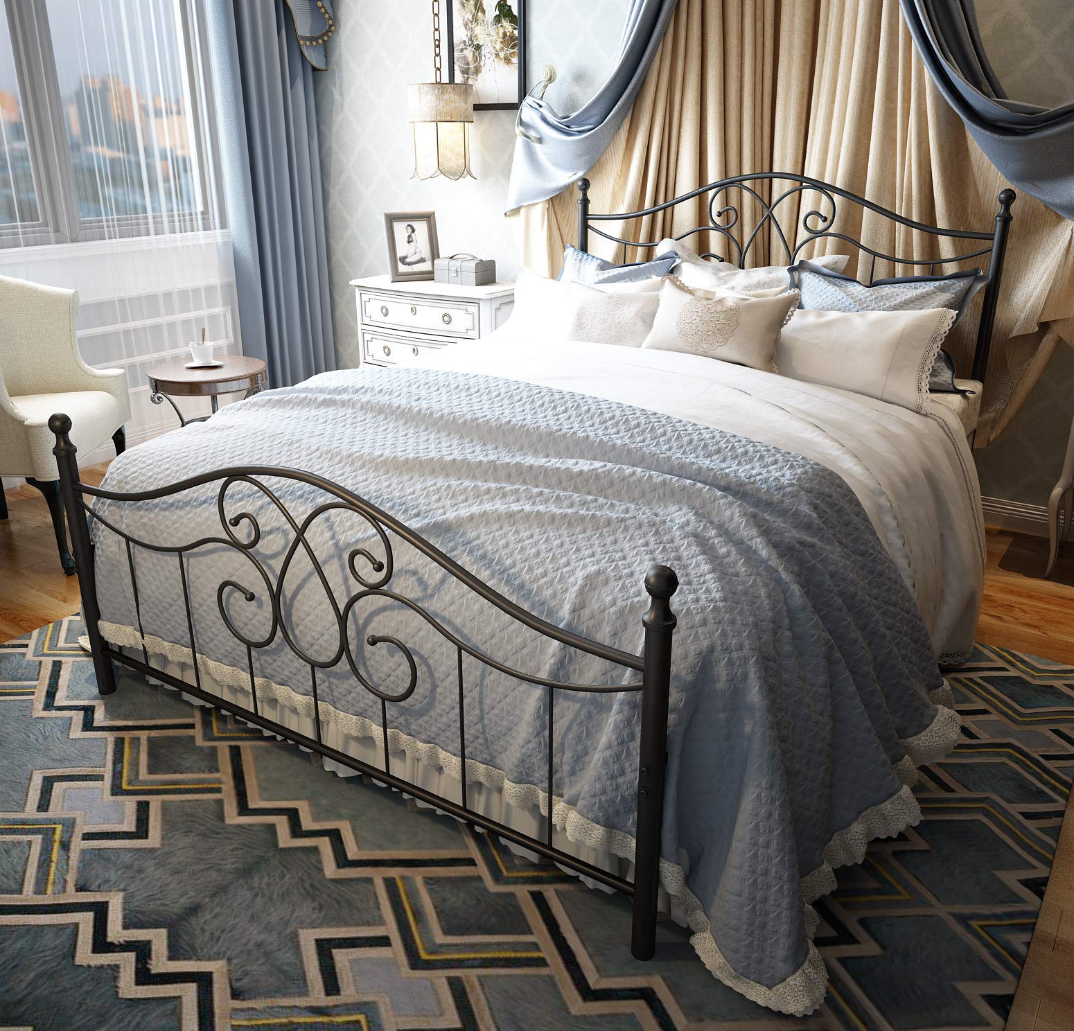 Photo 1 of YERPERFO Vintage Sturdy Metal Bed Frame Queen Size with Vintage Headboard and Footboard Platform Base Bed Frame No Box Spring Needed Steel Bed (Queen, Black)