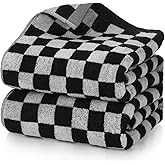 Breling 2 Pcs Checkered Large Bath Towels Bulk 55.12 x 27.56 Inches Soft Cotton Absorbent Retro Bath Towels for Bathroom Spa Shower Gifting Hotel Gym Beach Pool Body Drying(Black)
