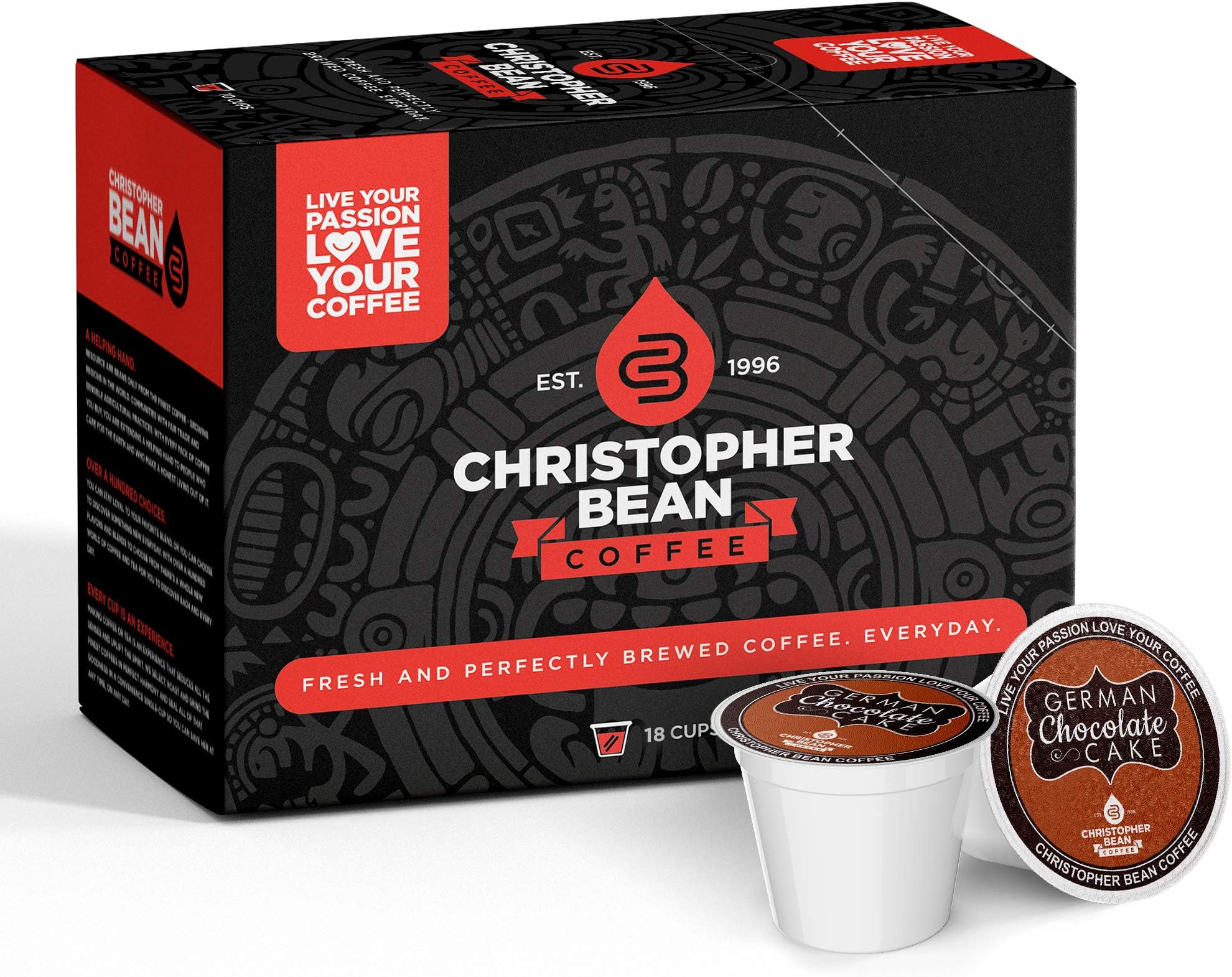 German Chocolate Cake Single Coffee Cup, (Regular) 100% Recyclable Single Serve Flavored Pod, 100% Arabica, No Sugar, No Fats, Non-GMO, 18 Cups of Regular Coffee Per Box – Christopher Bean Coffee