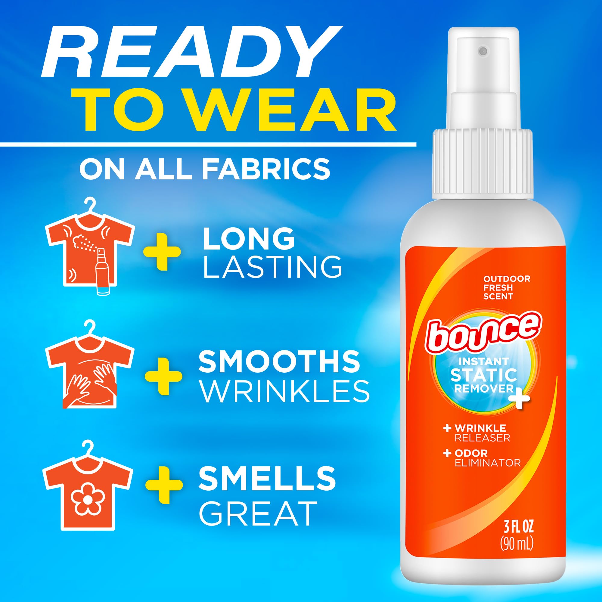 Bounce Anti Static Spray, 3 in 1 Instant Anti Static Spray & Instant Wrinkle Release, Odor Eliminator & Fabric Refresher, Travel Size (3 Oz,Pack of 3)