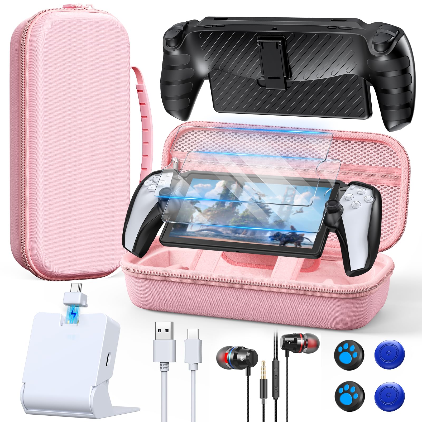 Accessories Bundle for PlayStation Portal, Portable Carrying Case for PS Portal, Magnetic Charging dock for PS5 Portal, Protective Case, 2 HD Screen Protectors, Wired Headphone, 4 Thumb Grips (Pink)