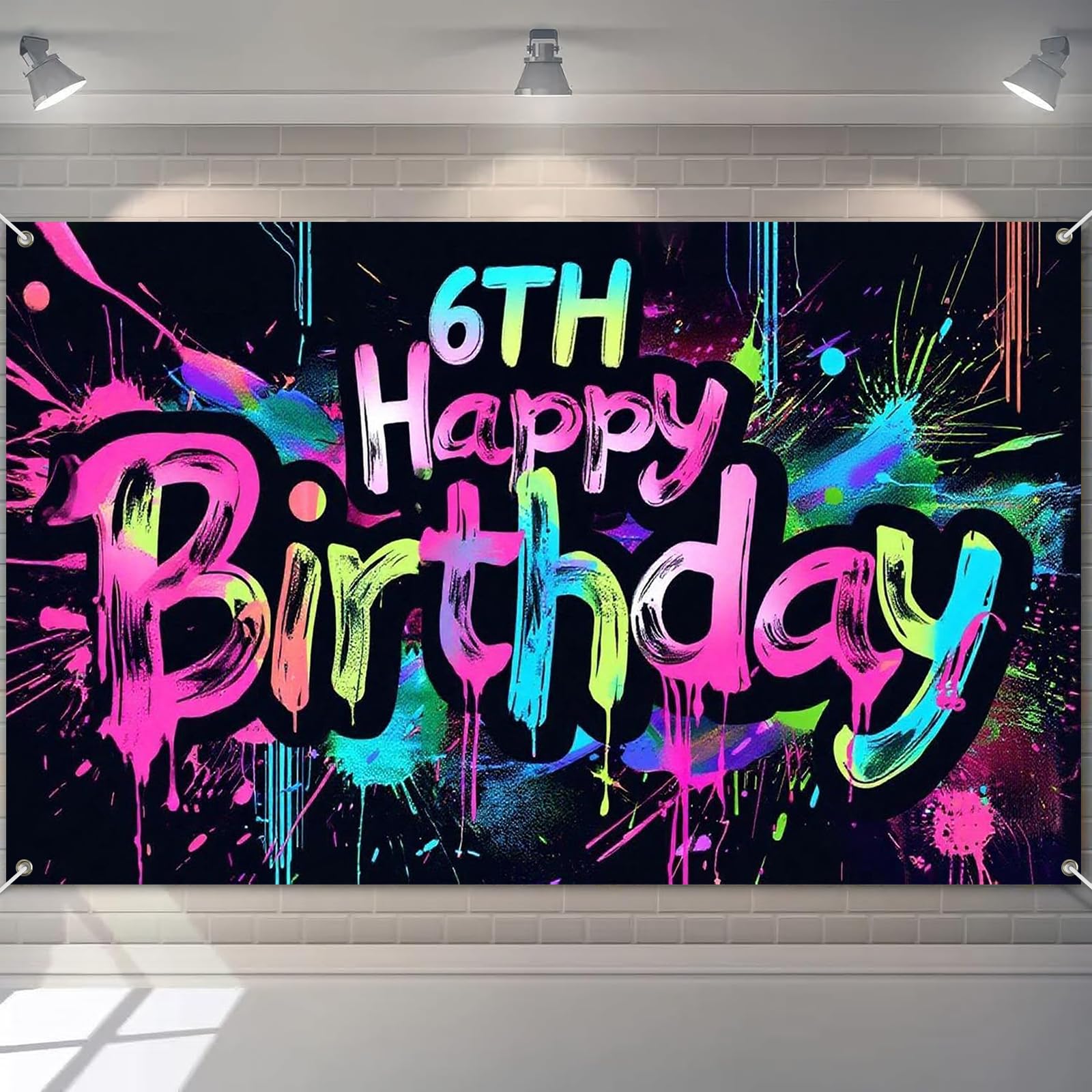 Photo 1 of HOMETITUTE Neon 6th Happy Birthday Banner 71x43 Inch Paint Splatter Glow in The Dark Backdrop Colorful Wall Decor for Kids Boys Girls Fifth Birthday Celebrations Photo Booth Props Event Supplies