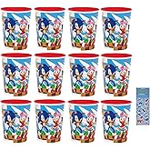 Unique Sonic the Hedgehog Birthday Party Supplies Bundle includes 12 Plastic Reusable Cups 16oz and 1 Dinosaur Sticker Sheet