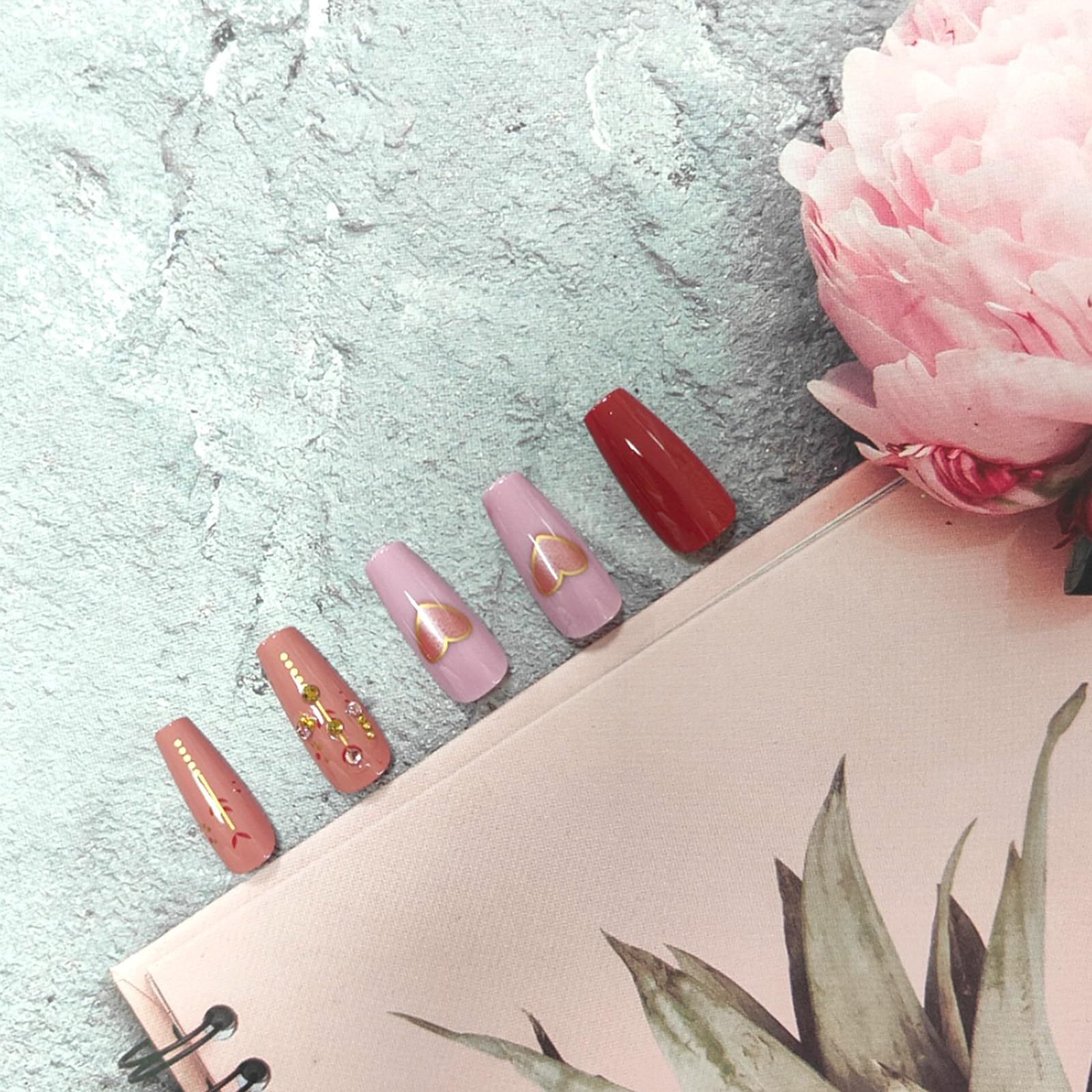 Valentines Press on Nails Medium Coffin Fake Nails Glossy Glue on Nails Pink Heart False Nails with Rhinestones Design Pink Artificial Nails Full Cover Stick on Nails for Coquette Women 24 Pcs - Image 3