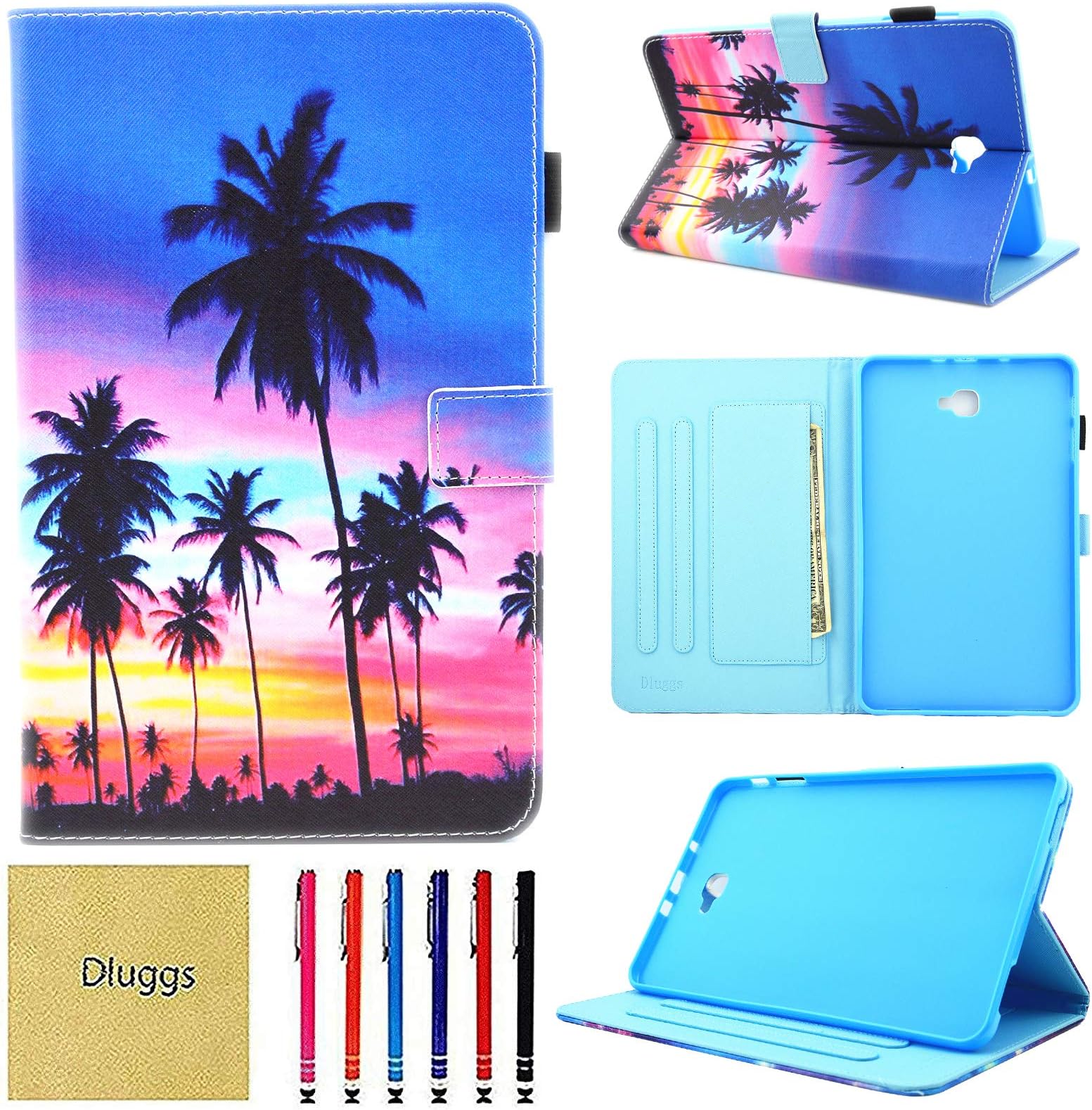 Samsung Galaxy Tab A 10.1 Case 2016, Dluggs Multi-Angle Viewing PU Leather Folio Stand Wallet Cover with Auto Wake/Sleep for Galaxy Tab A 10.1" Tablet Model SM-T580/T585/T587, Coconut Tree