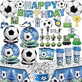 Yingoto 179pcs Soccer Birthday Party Decorations Complete Party Tableware Set, for 25 Guests, Soccer Party Decorations includes HD Printed 300 gsm Thick Paper Plates, Waterproof Tablecloth