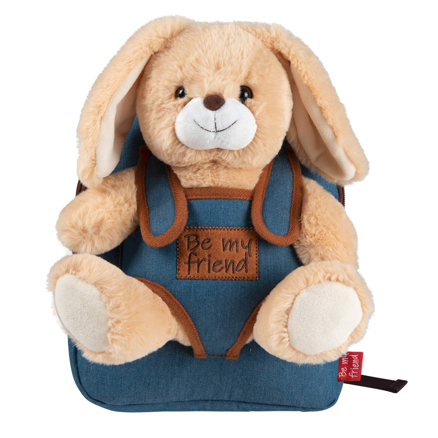 PERLETTI Plush Bunny Backpack for Kids with Fluffy Stuffed Puppet - Toddler Children 3 4 5 Years Soft Jeans Daypack for Kindergarten School - Baby Boy Girl Cuddly Animal Handbag - 21x27x9 cm (Rabbit)