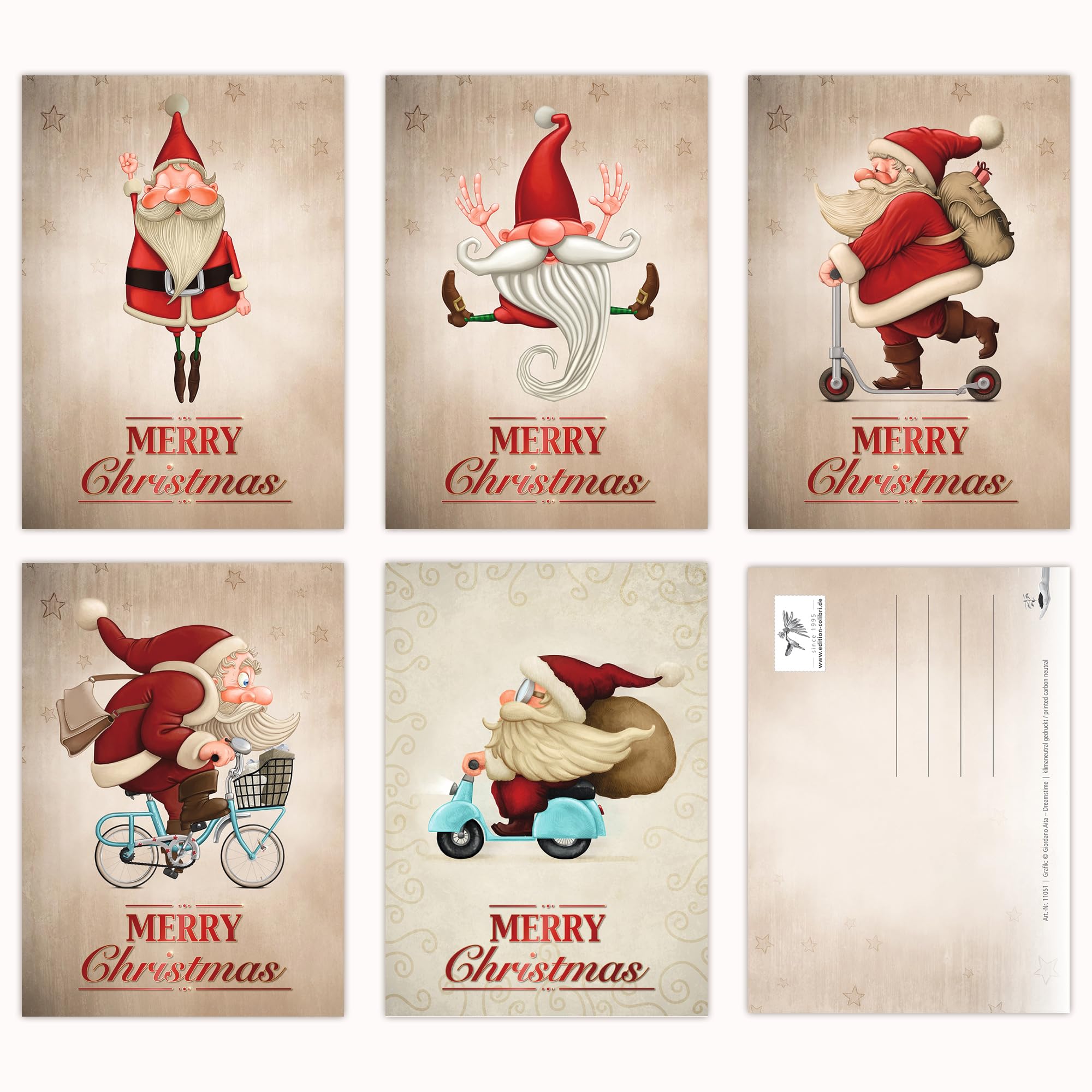 Edition Colibri Set of 15 Funny Christmas postcards/Set with 5 Funny Santa Designs x 3 = 15 postcards 5.8 x 4.1 in Retro/Vintage Style (11051-55)