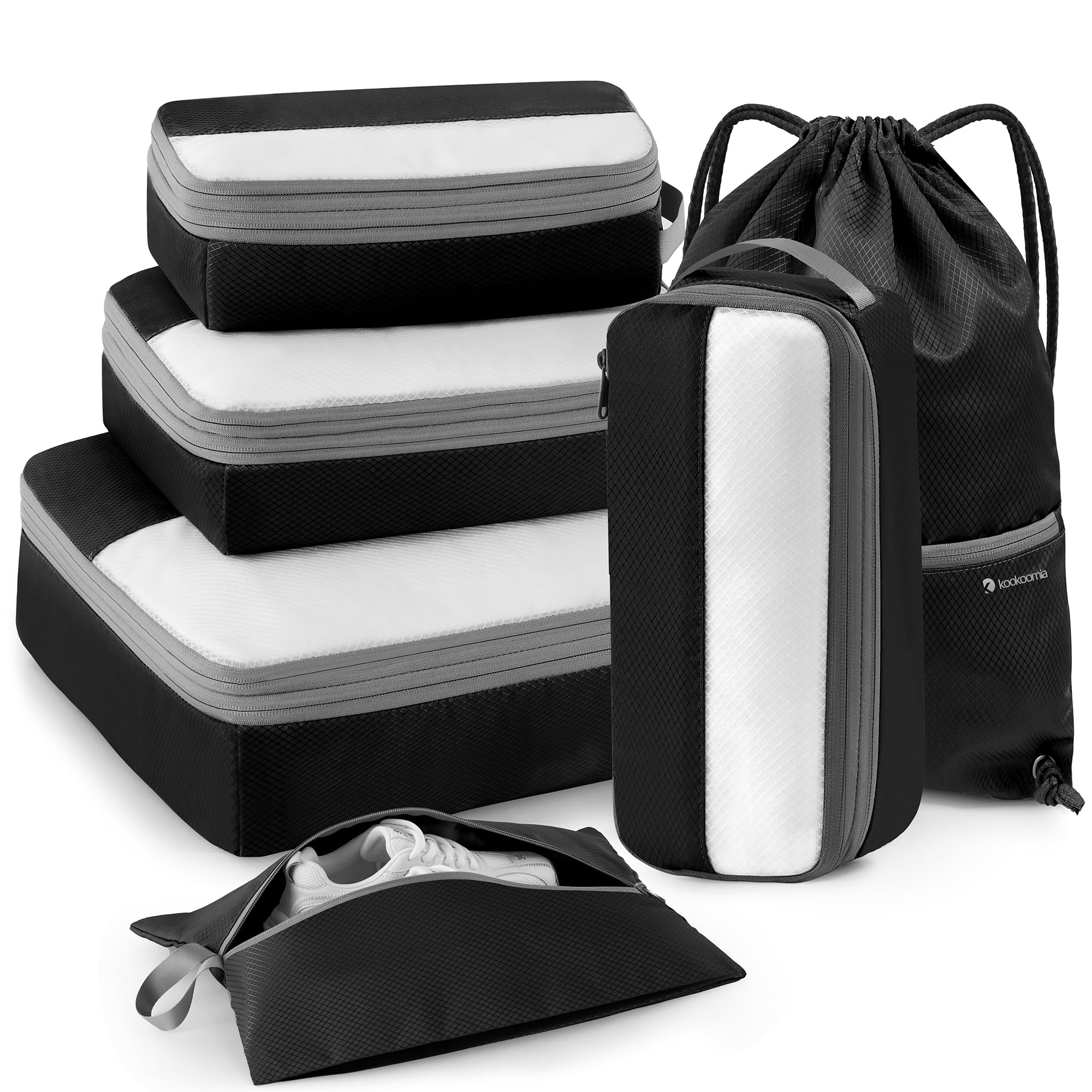 Kookoomia 6 Set Compression Packing Cubes for Travel, Lightweight and Space-Saving Luggage Organizer Bags, Sturdy Travel Essentials for Suitcase, Black