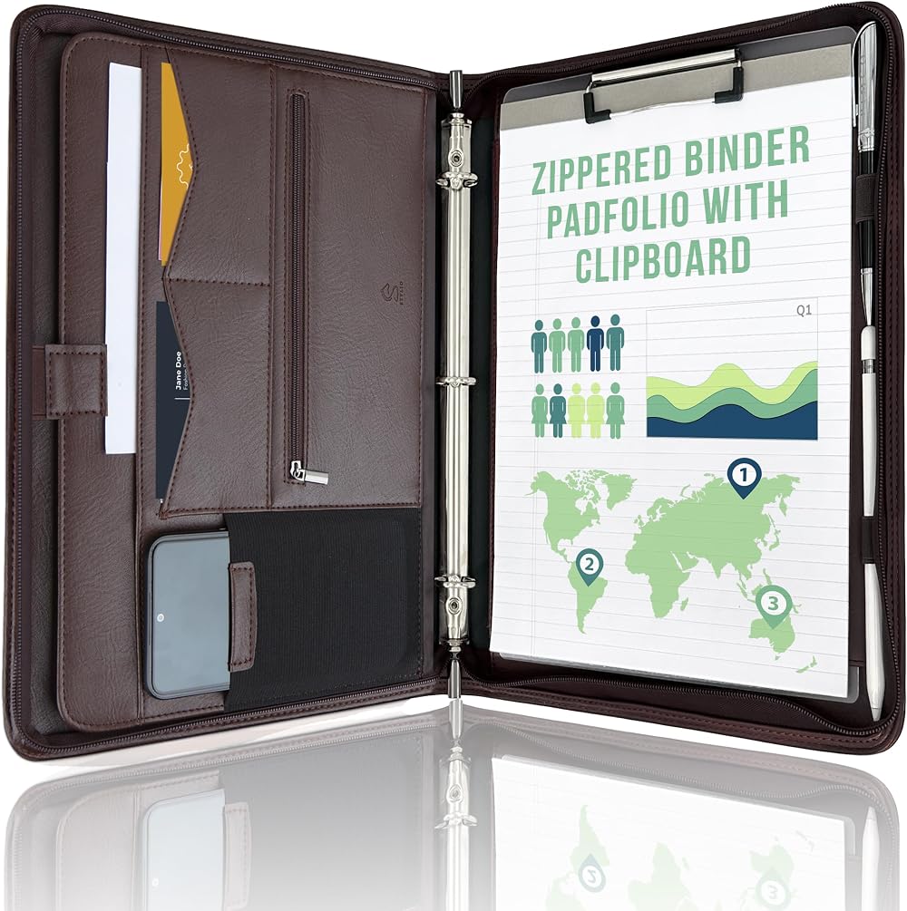 STYLIO Walnut Zipper Portfolio Binder 3 Ring Clipboard Folio Padfolio