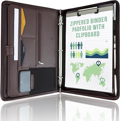 STYLIO Walnut Zipper Portfolio Binder 3 Ring Clipboard Folio Padfolio