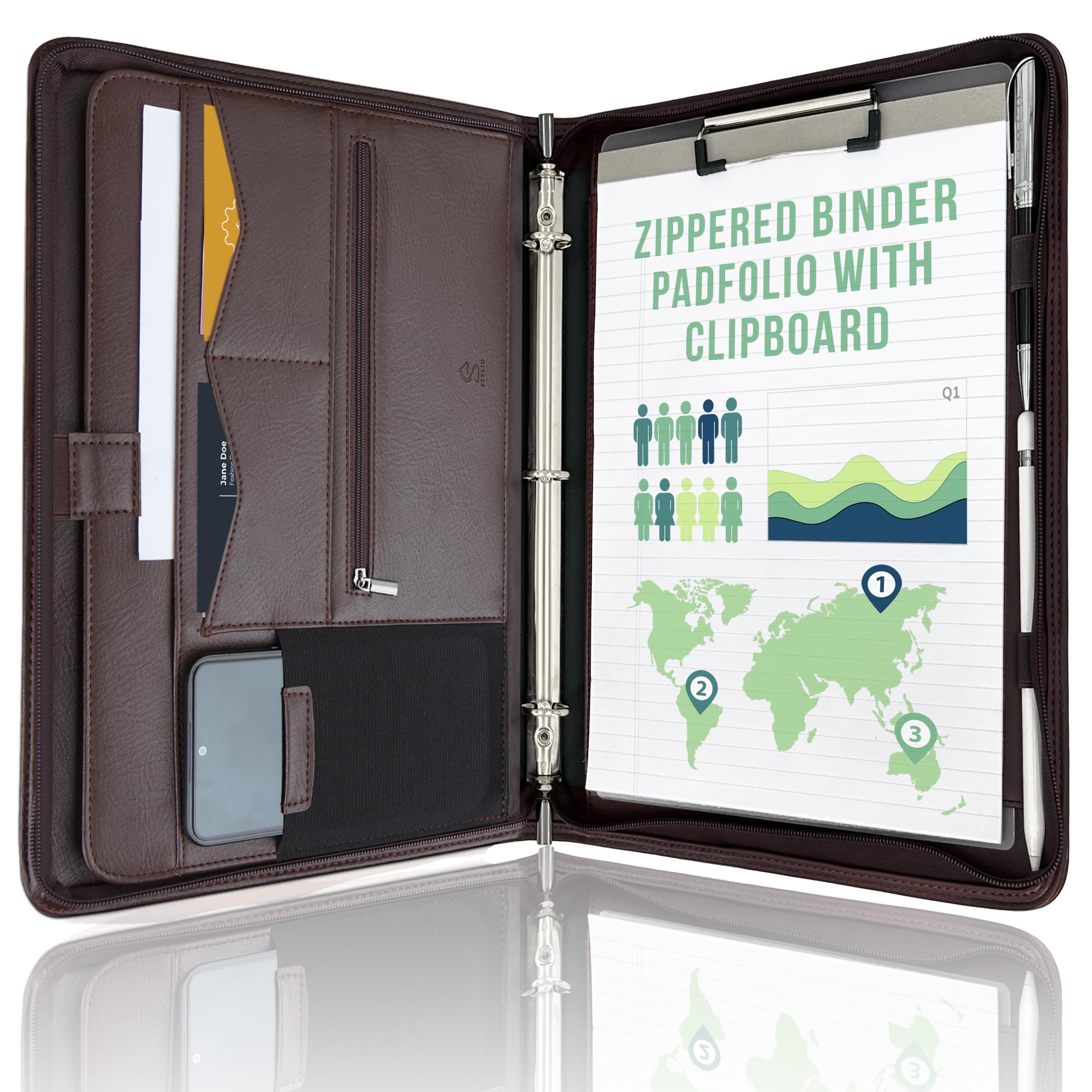 Photo 1 of STYLIO Zipper Portfolio | Padfolio 3 Ring Binder and Clipboard Folio (Removable) | Portfolio Organizer for Documents, Tablet, Phone |Faux Leather Binder for Men and Women | Walnut (Brown) Color