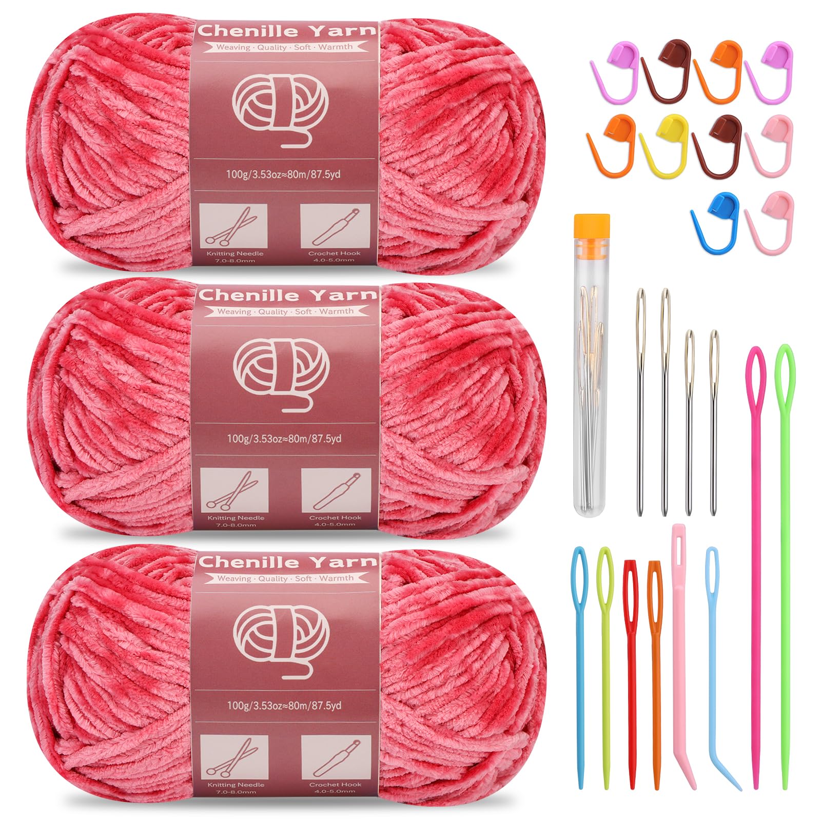 SUVSOON 3 * 100g Chenille Yarn, Chenille Velvet Yarn for Crocheting and Knitting with Needles Stitch Marker Handcrafts Weaving Soft Chenille Yarns for Blankets, Clothes, Pattern Knitting(Rose Red) — image 1