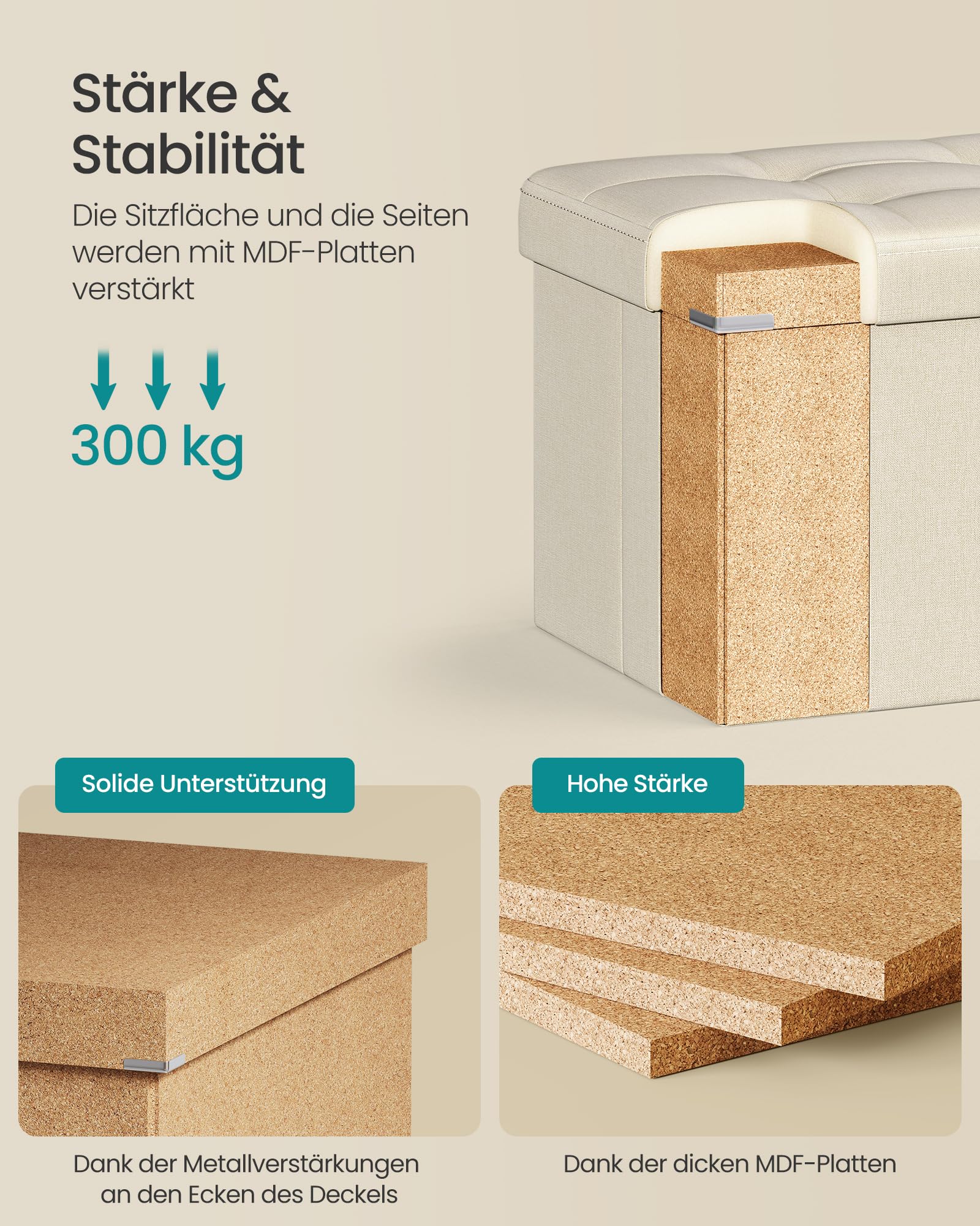 SONGMICS Sitzhocker mit Stauraum, klappbare Sitzbank, 38 x 110 x 38 cm Fußbank, Aufbewahrungsbox, bis 300 kg belastbar, für Wohnzimmer Schlafzimmer Flur, aschgrau LSF77G 4