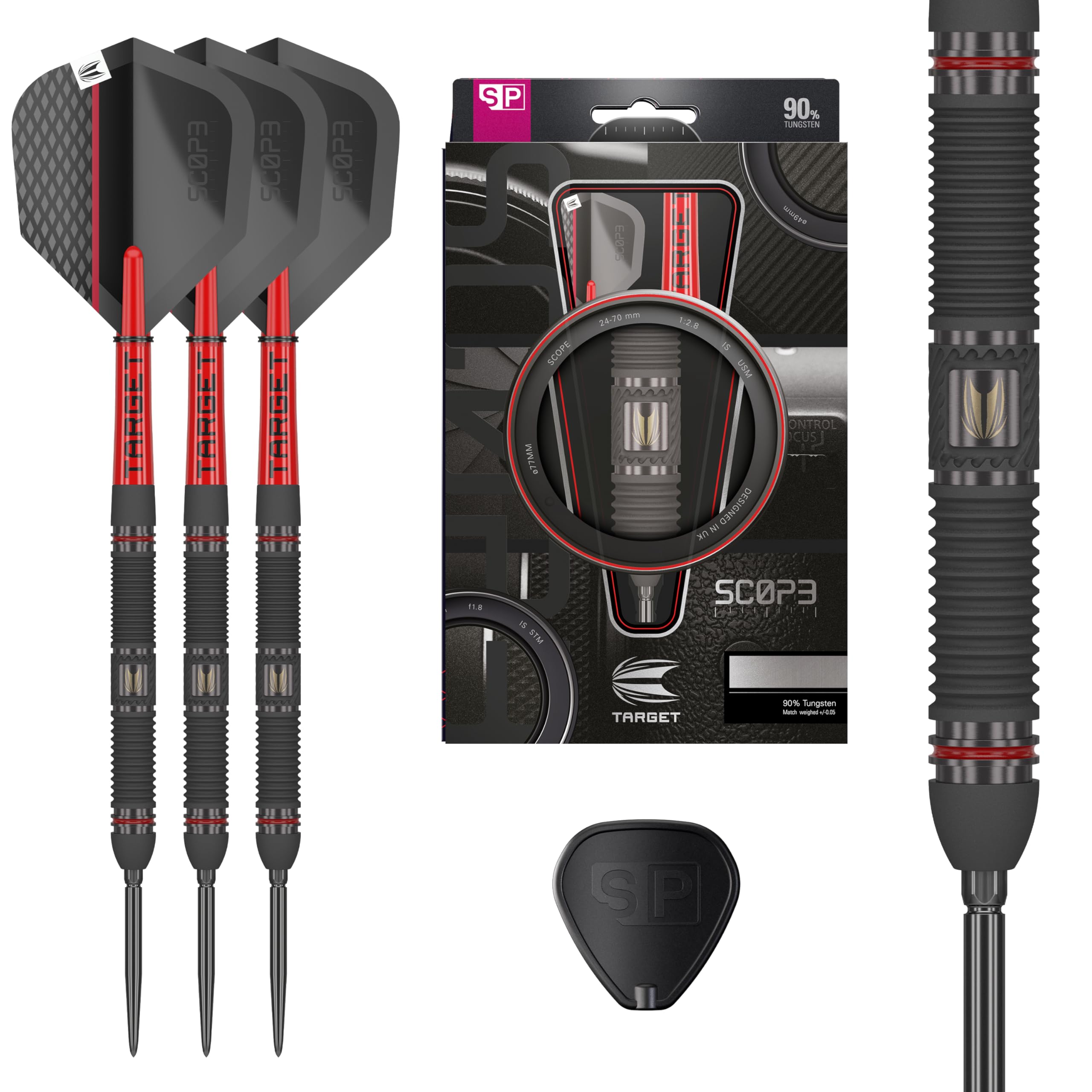 Target Darts Scope Steel Tip Swiss Point Darts, 90% Tungsten Dart Set, Barrel 01-22G | Red & Black Darts, Professional Dart Set with Swiss Points & Tool