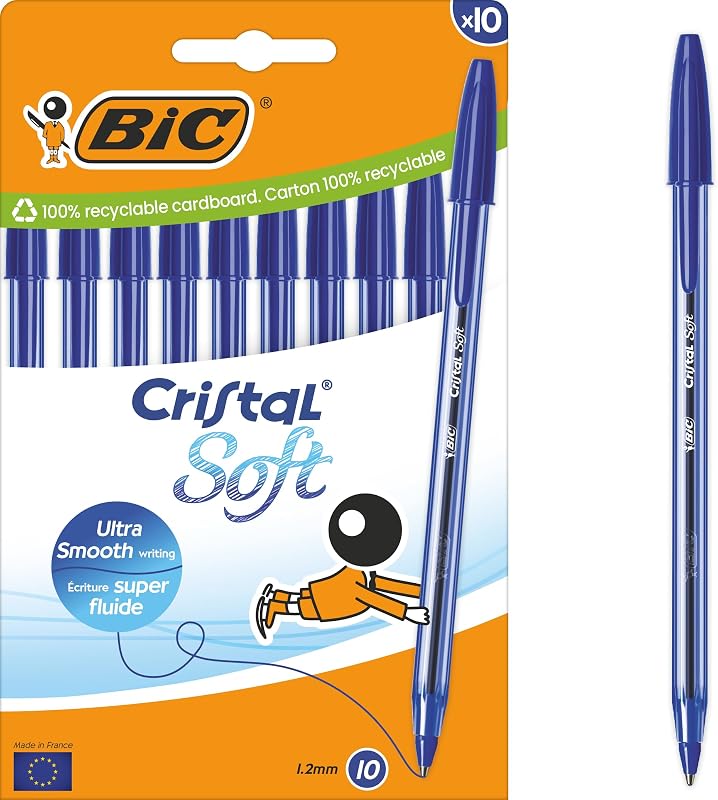 Cristal Soft Stylos-Bille Pointe Moyenne (1,2 mm) - Écriture Douce et Fluide - Bleu, Boîte carton de 10