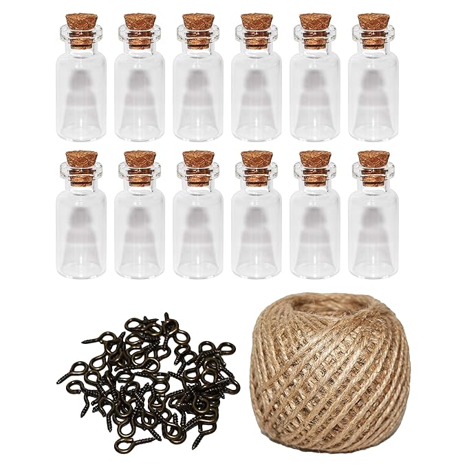 BELLE VOUS Glasfläschchen(60 Stück) mit Korken - 2ml Mini Glasflaschen mit 30m Garn und 60 Ösenschrauben - Mini Deko Fläschch