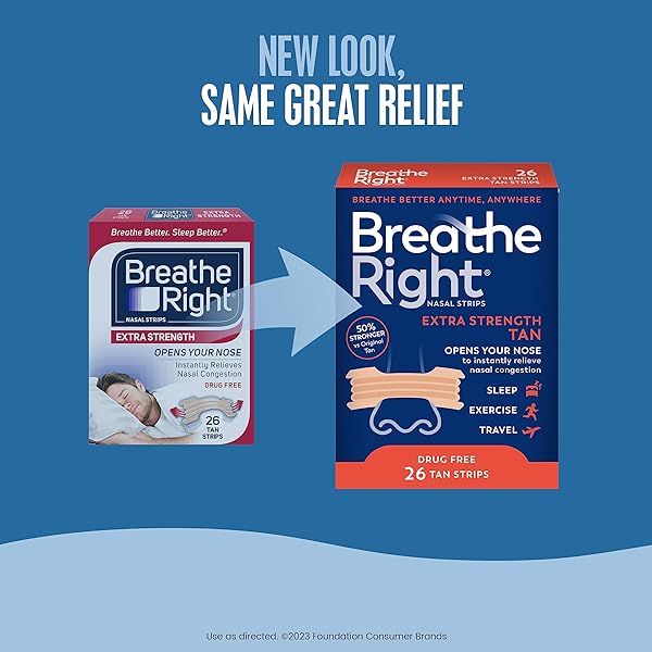 BREATHE RIGHT NASAL STRIPS, EXTRA STRENGTH, TAN NASAL STRIPS, HELP STOP SNORING, DRUG-FREE SNORING SOLUTION & INSTANT NASAL CONGESTION RELIEF CAUSED BY COLDS & ALLERGIES, 26 COUNT (PACKAGING MAY VARY)