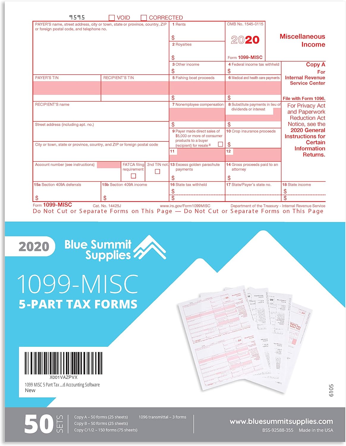 1099 MISC Forms 2020, 5 Part Tax Forms Kit, 50 Vendor Kit of Laser Forms, Compatible with QuickBooks and Accounting Software : Office Products