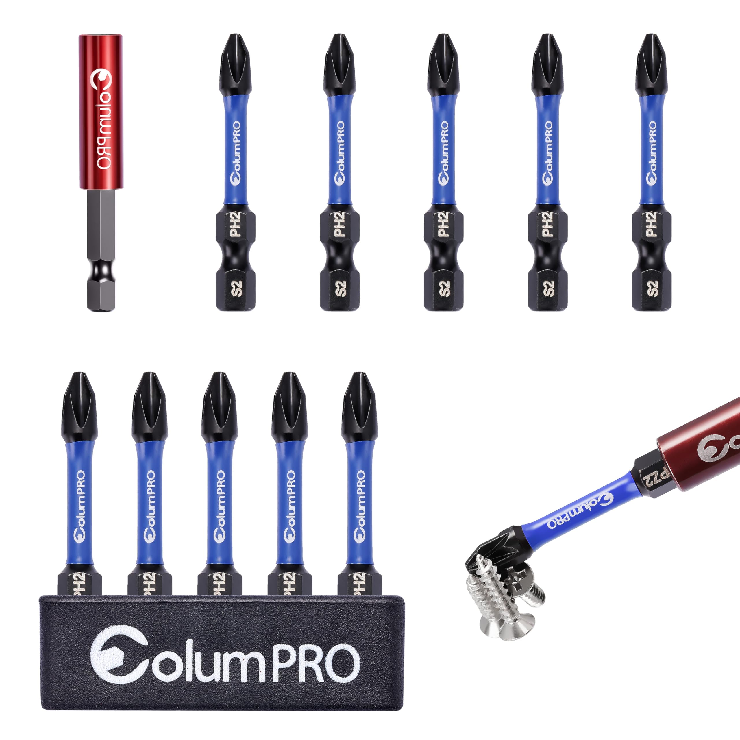 ColumPRO 11PCS Screwdriver Bit Set, 10PCS x 50mm S2 PH2 Screwdriver Impact Bits with 1PC 60mm 1/4 Inch Hex Shank Extension Bit Holder.
