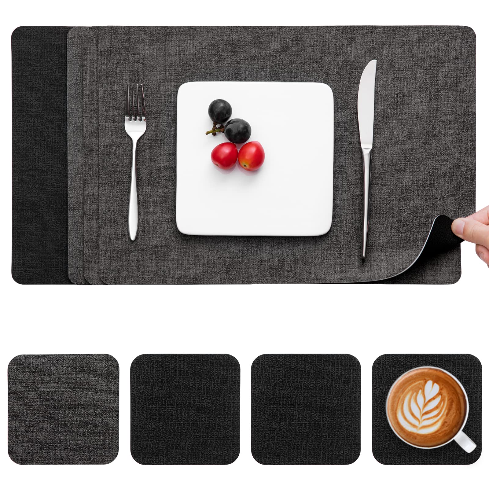 Myir JUN Placemats and Coasters Set of 4, Place Mats Dual Sided Faux Leather Table Mats PU Indoor Outdoor Heat Resistant Placemat Square Non Slip Wipeable Washable Dining Restaurant (Black Grey) — image 1
