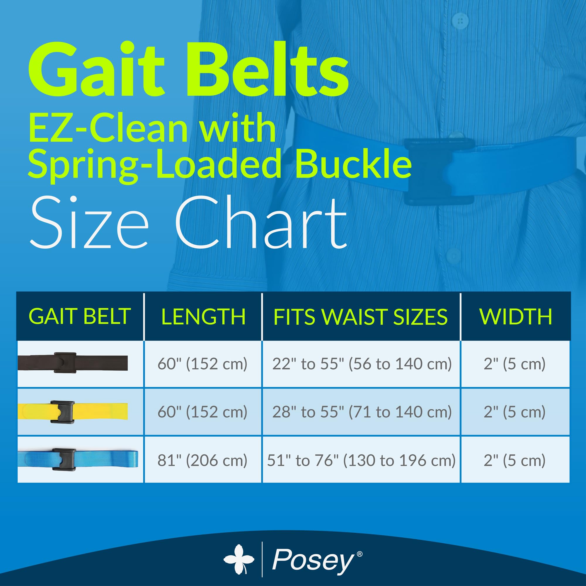 Posey 6546Y Premium EZ Clean Gait Belt With Spring-Loaded Buckle, Yellow, 60