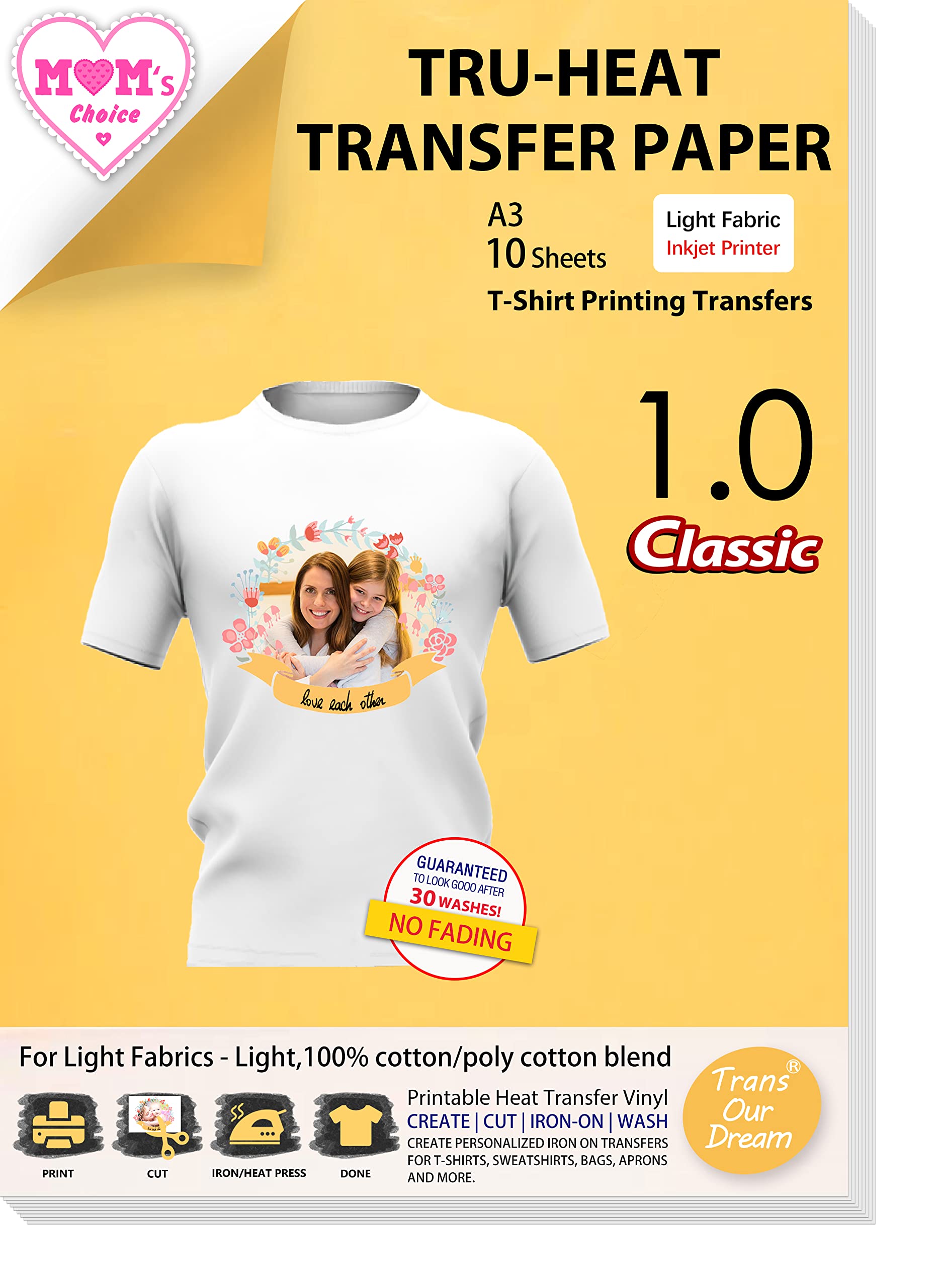 TransOurDream Tru-Transfer Paper A3 for Light Fabric 10 Sheets Transparent Heat Transfer Paper for White T-Shirts Printable Heat Transfer Vinyl for Inkjet Printer (L-1.0-A3-10)