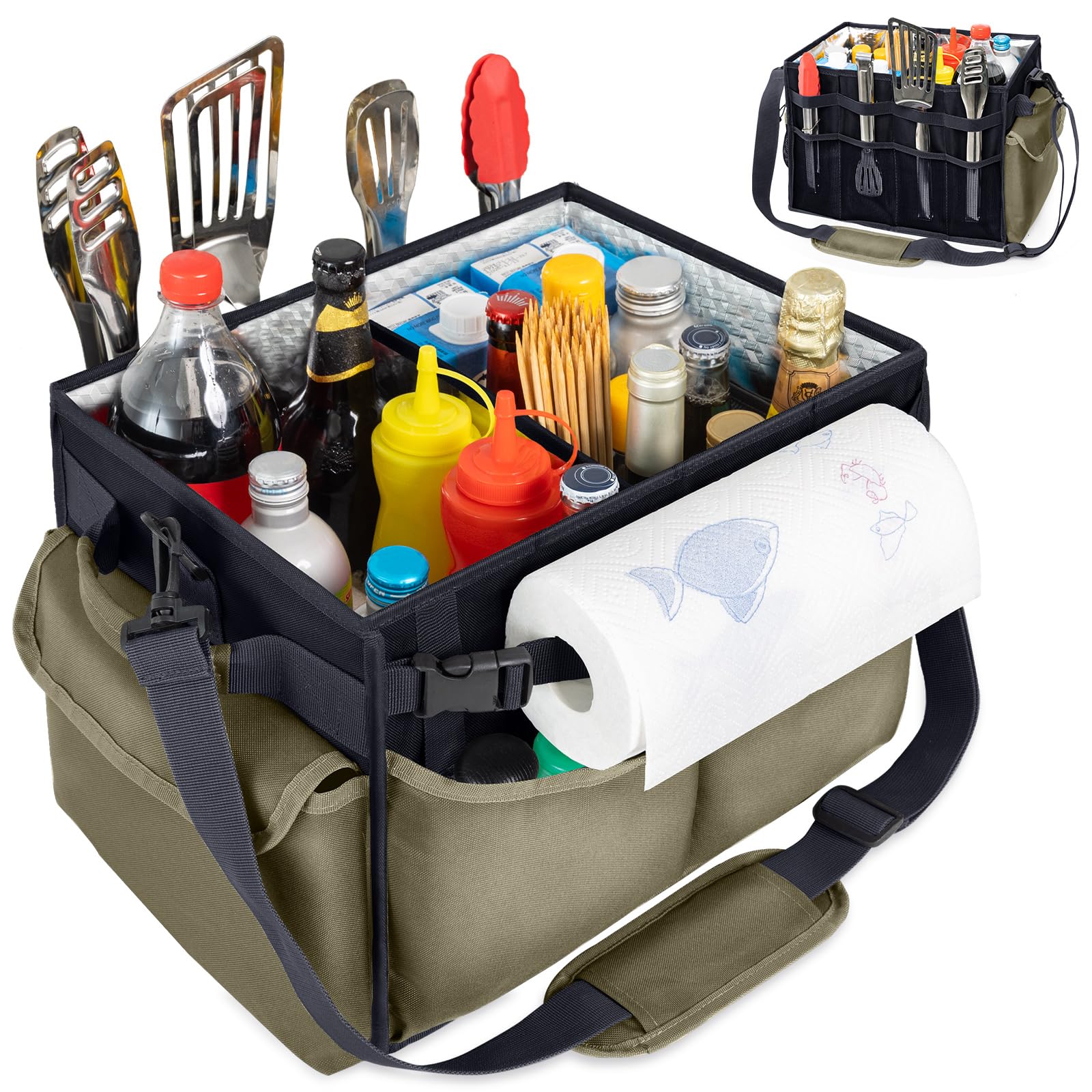 Photo 1 of FRECOLSH Large Grill Caddy with Paper Towel Holder – Collapsible BBQ Organizer for Camping, Tailgating, RV, Boating – Grilling Gifts for Men – Griddle Tote Bag with Shoulder Strap – Outdoor Essentials