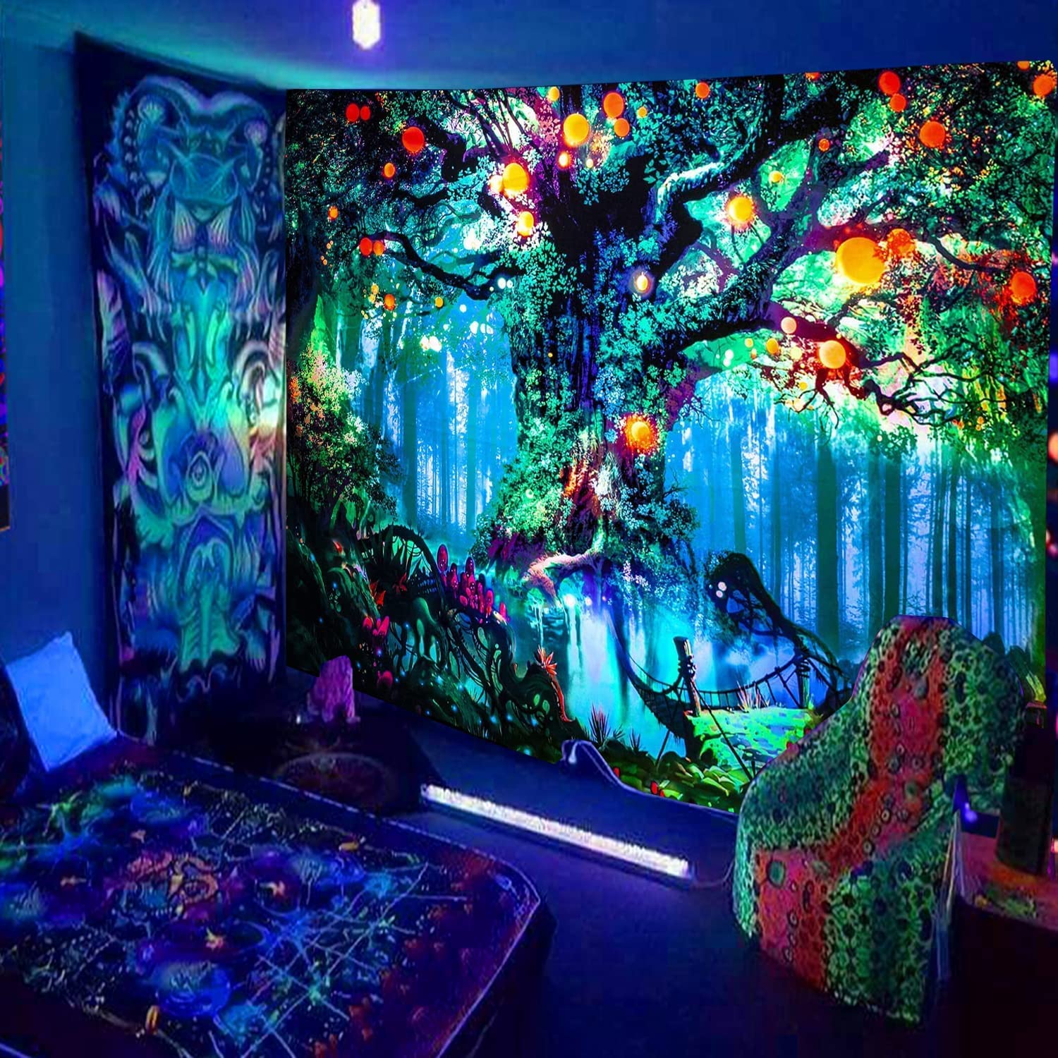 Simpkeely Blacklight Tree Fantasy Forest Fairy Tapestry, Nature Magical Elves Tapestry Wall Hanging, UV Reactive Tapestries for Bedroom - 150cm x 200cm