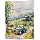 Ti Caldi Vintage Farm Truck and Barn Scene Blanket | Soft Warm Cozy Lightweight Flannel Throw, Charming Countryside, Fuzzy Blankets for Adults Kids, for Couch, Bed, Decor, Travel & Outdoor 60×50 in